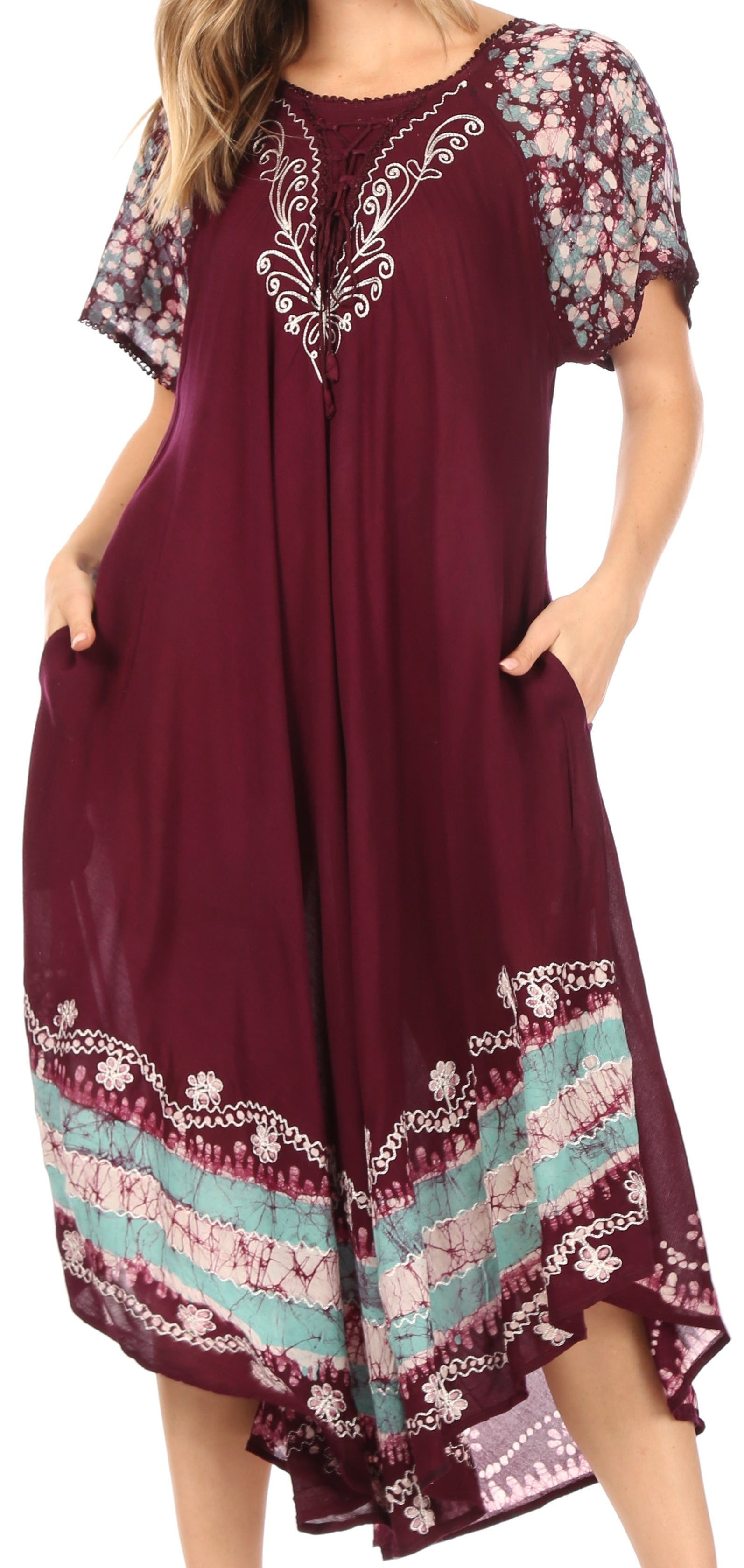 Maroon dress with floral embroidery on a white background