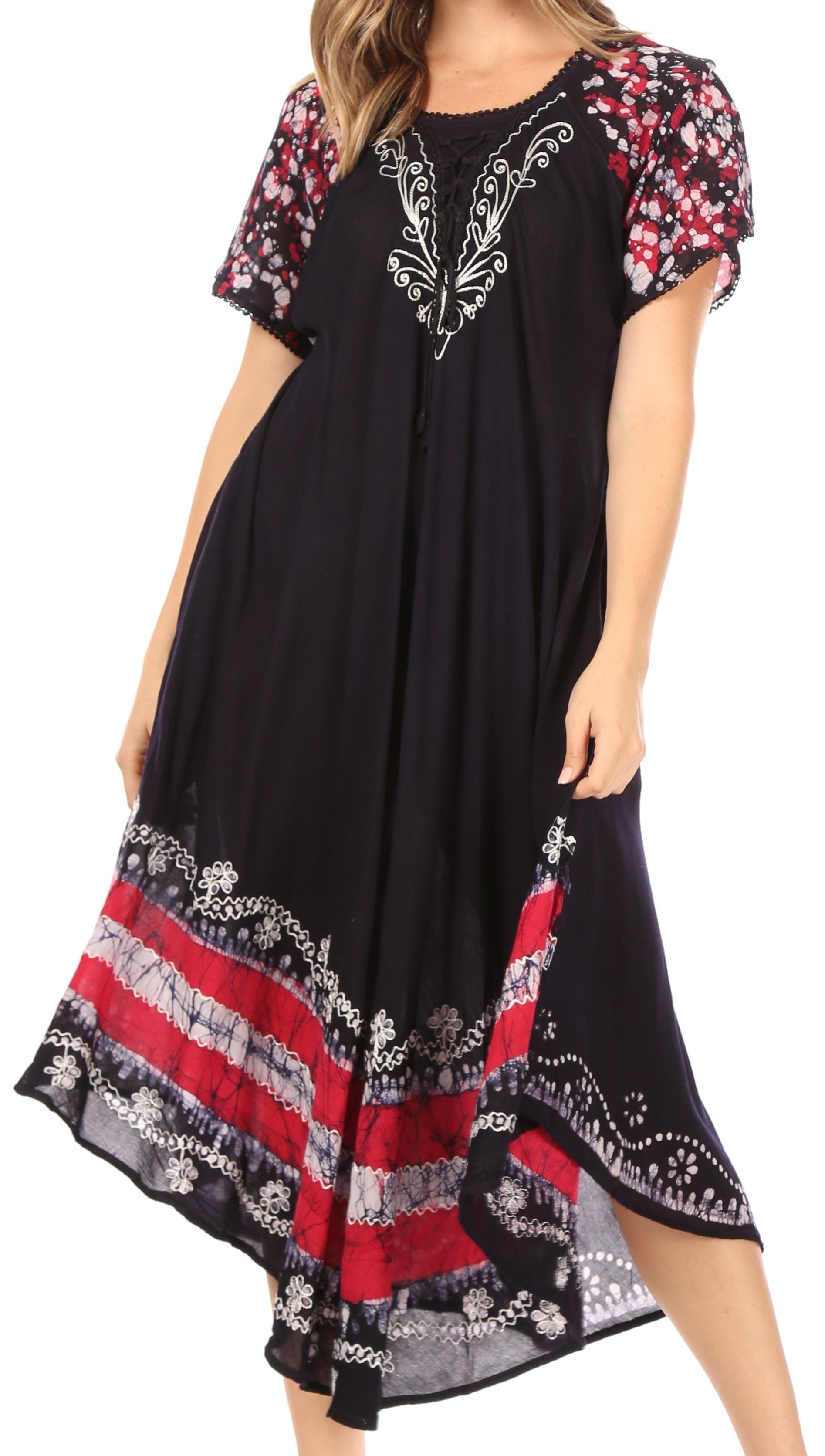 Black dress with floral and stripe patterns on a white background