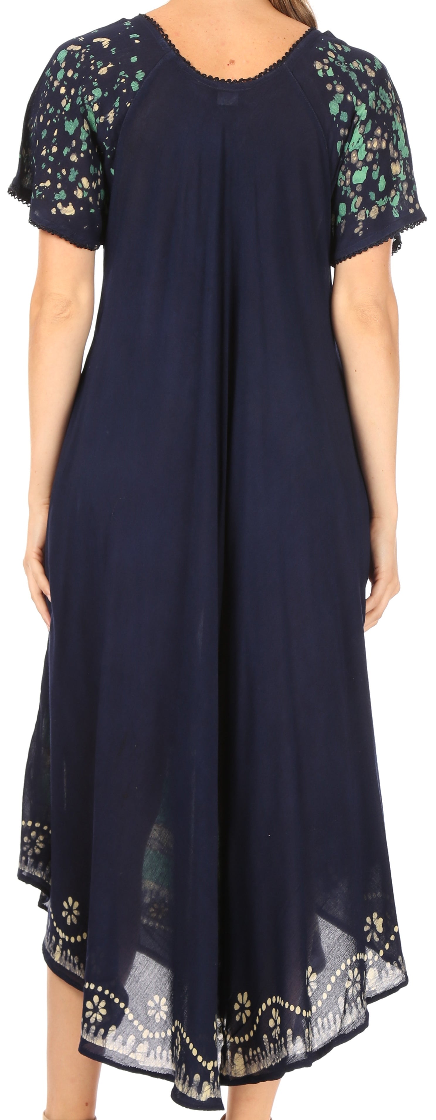 Navy blue dress with floral lace details on sleeves and bottom hem.