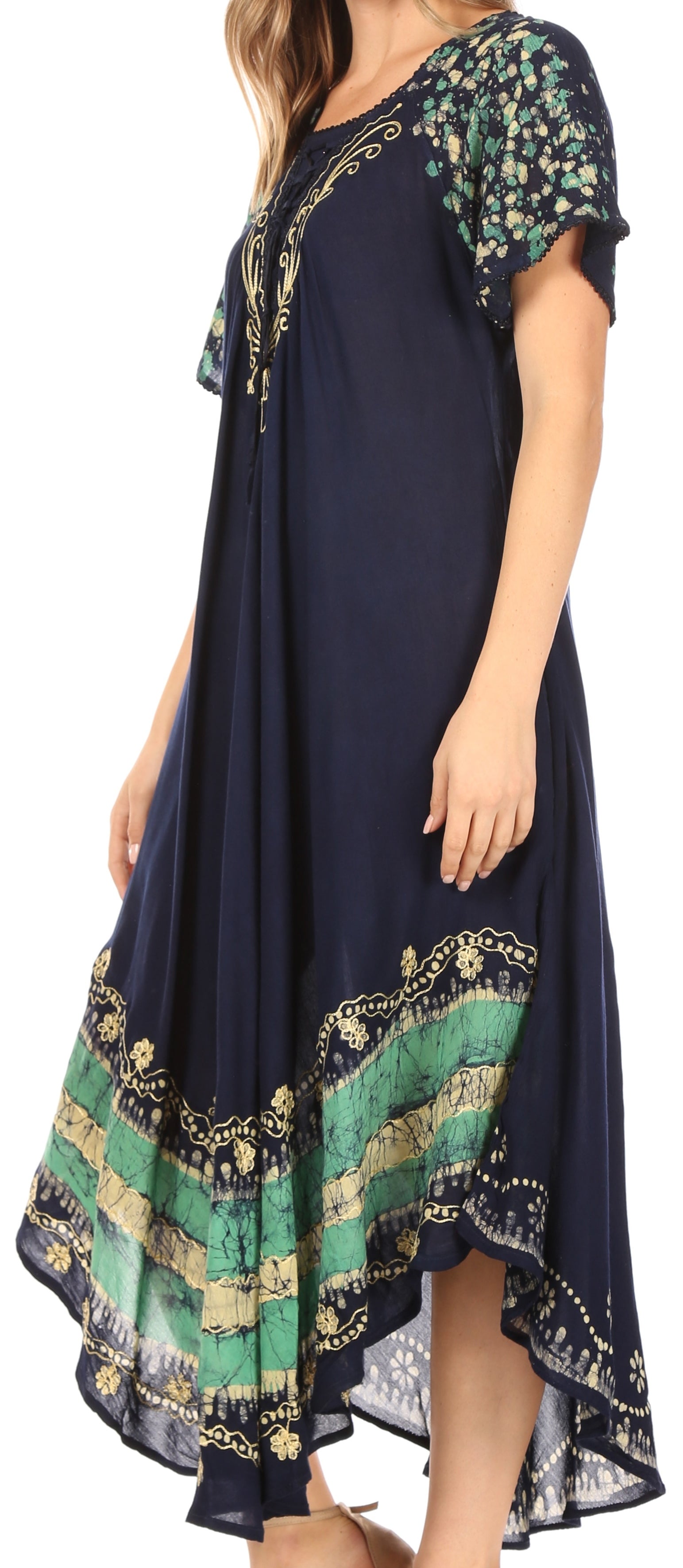 Navy blue dress with floral and geometric patterns on a white background