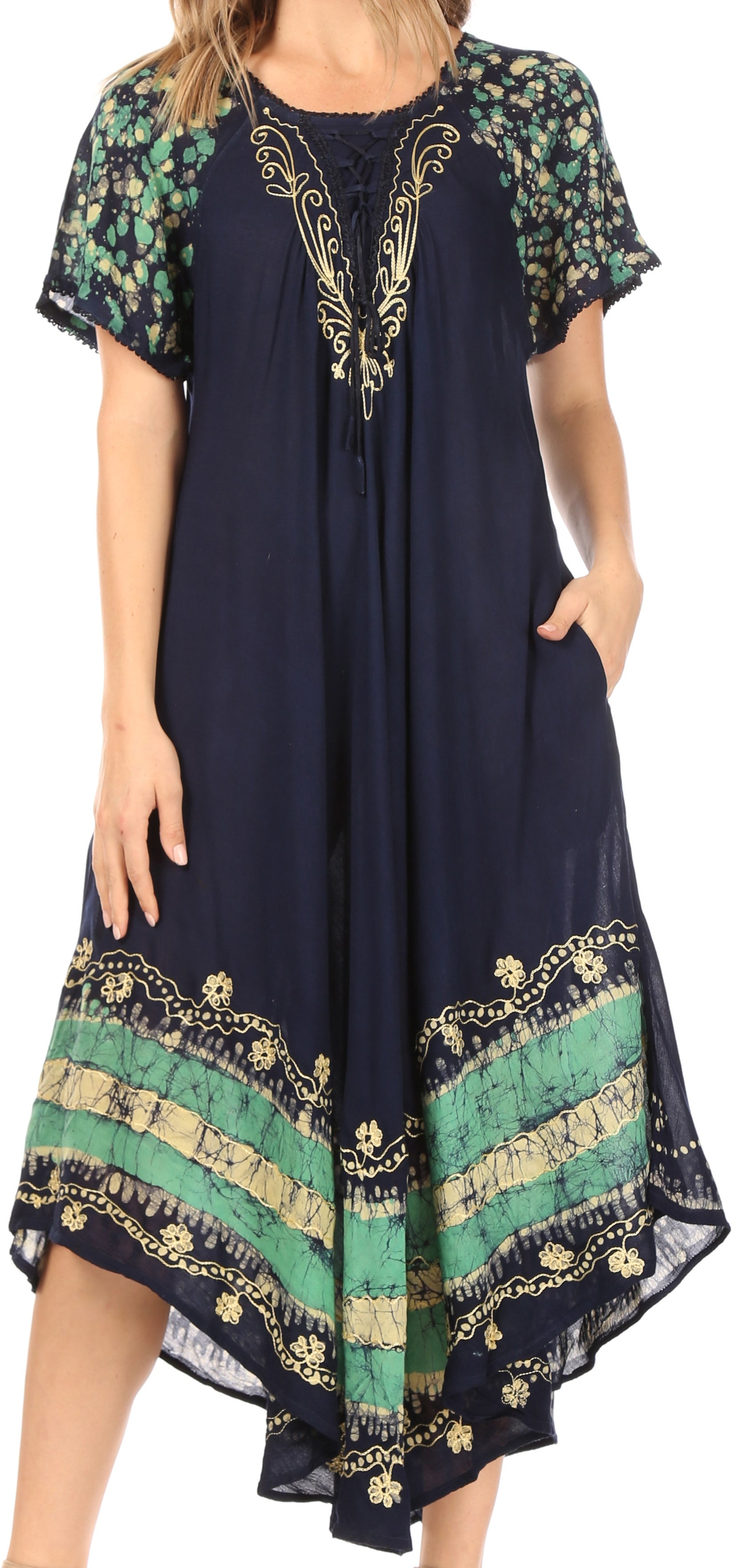 Navy blue dress with floral and geometric patterns on a white background