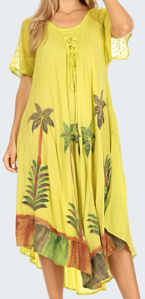 Yellow dress with palm tree patterns on a white background