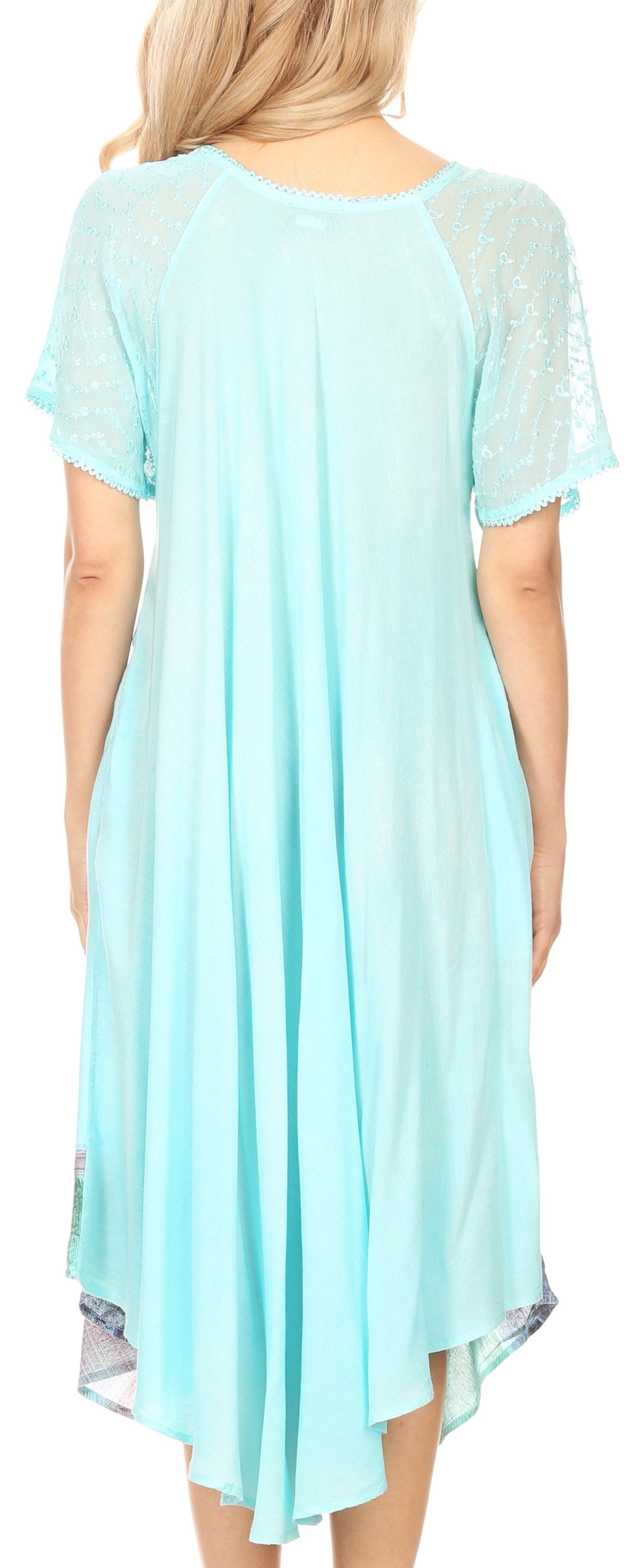 Light blue dress with sheer sleeves worn by a model