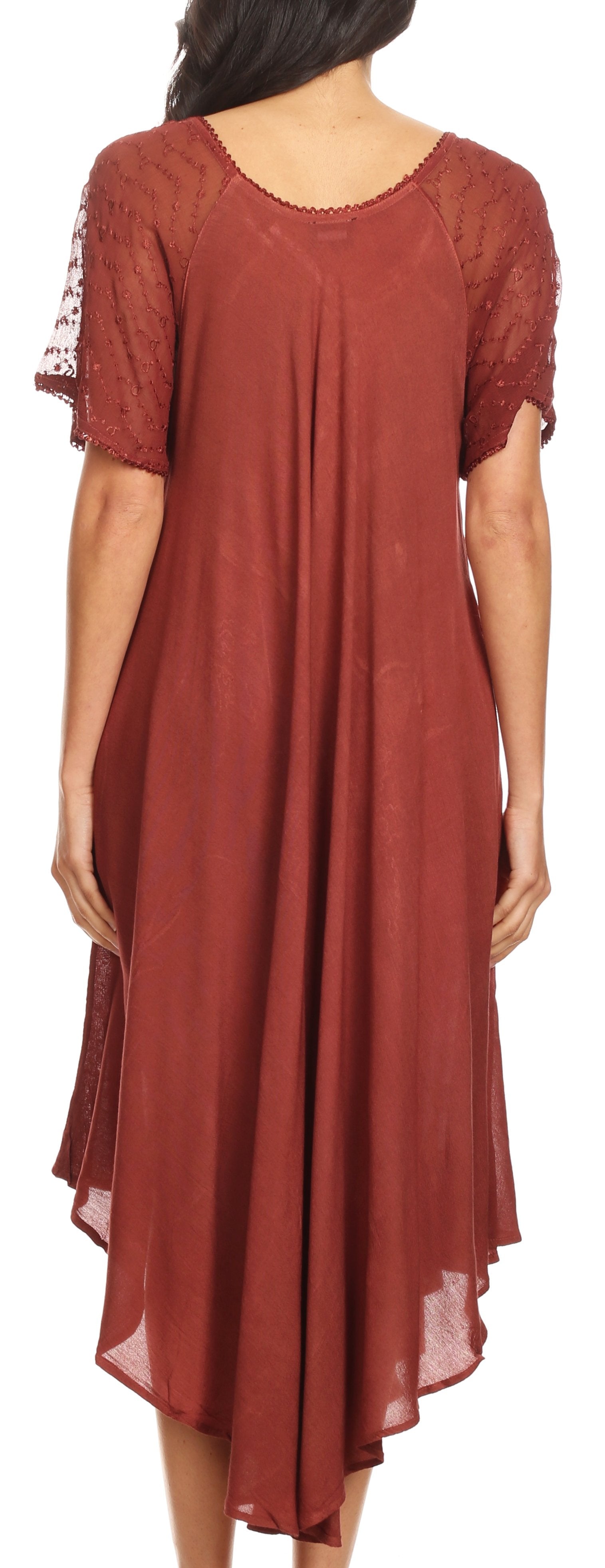 Red dress with lace sleeves on a plain background