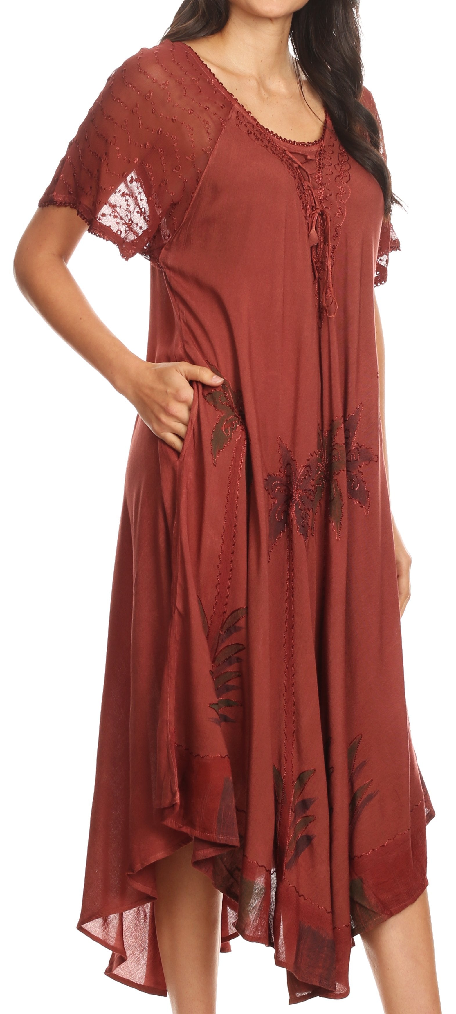 Reddish-brown dress with lace details on a white background