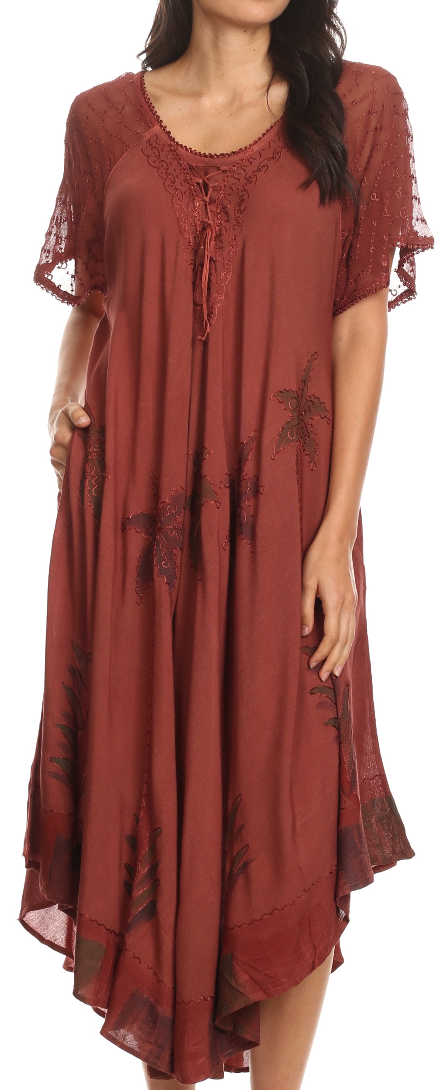 Red dress with lace details on a white background