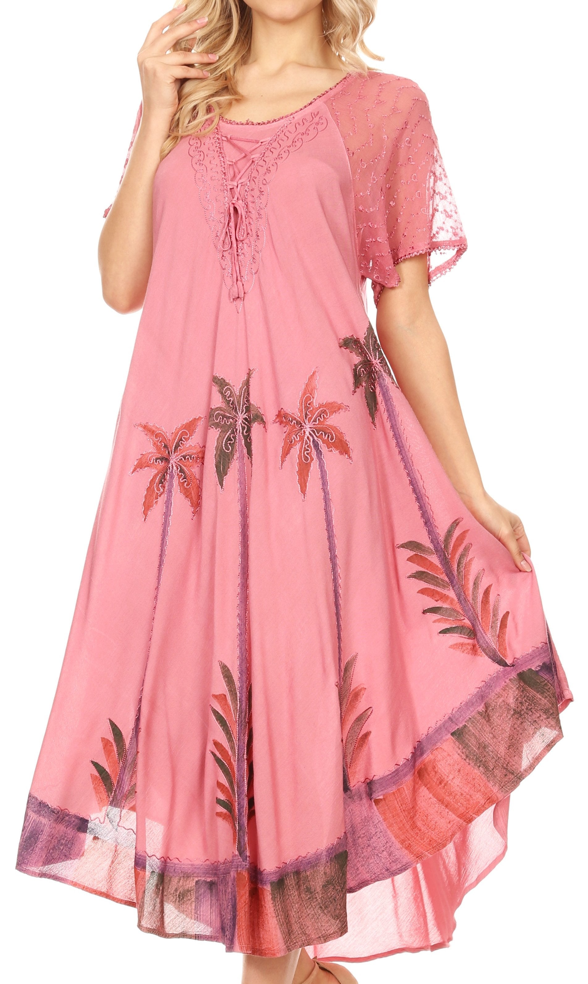 Pink dress with floral patterns on a white background