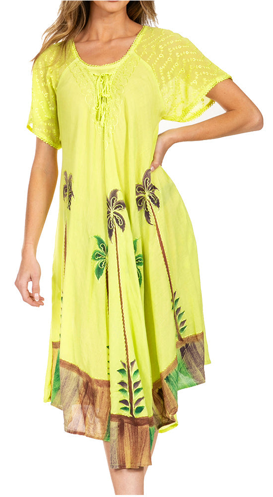 Yellow dress with palm tree design on a white background