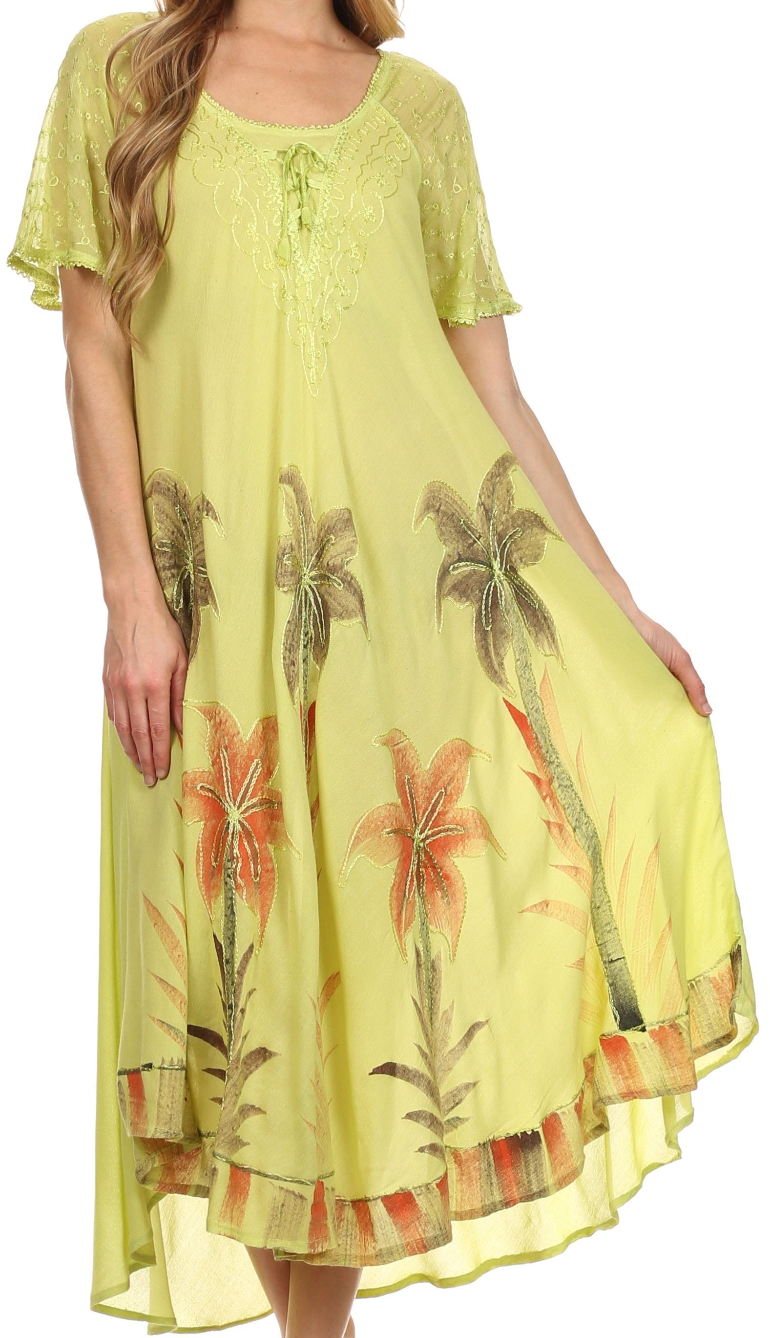 Yellow dress with palm tree design on a white background