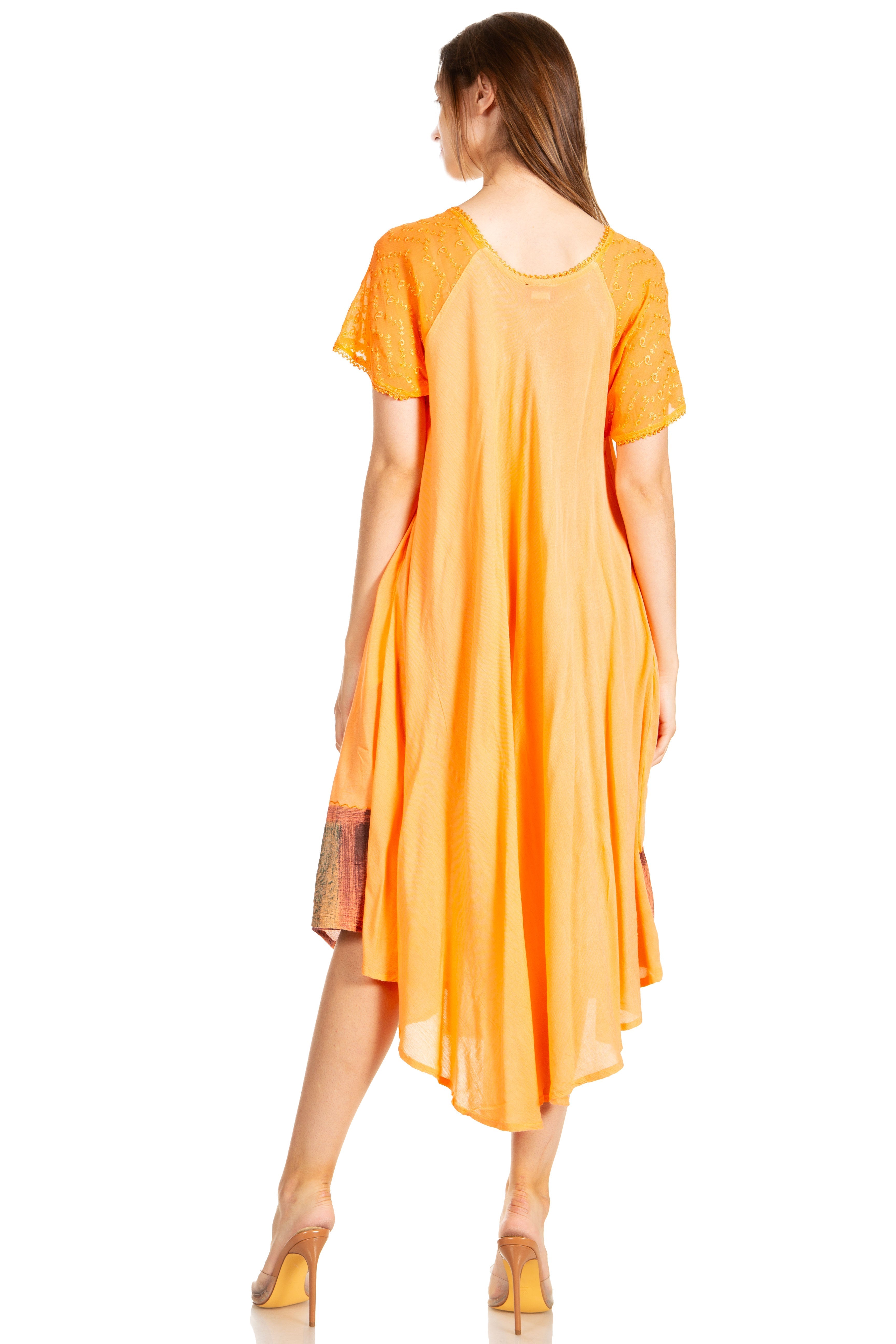 Woman wearing an orange dress on a white background