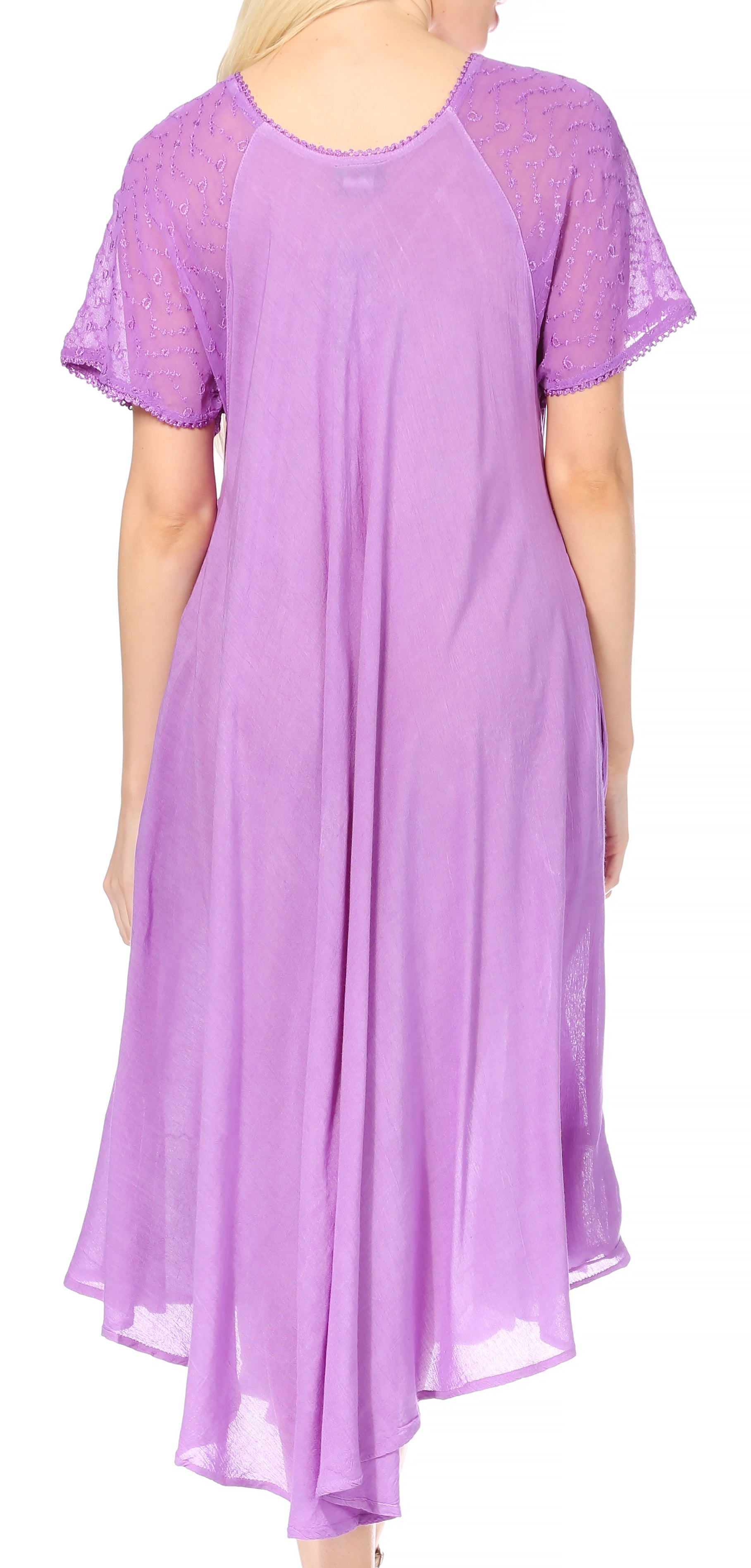 Purple dress with sheer sleeves on a white background