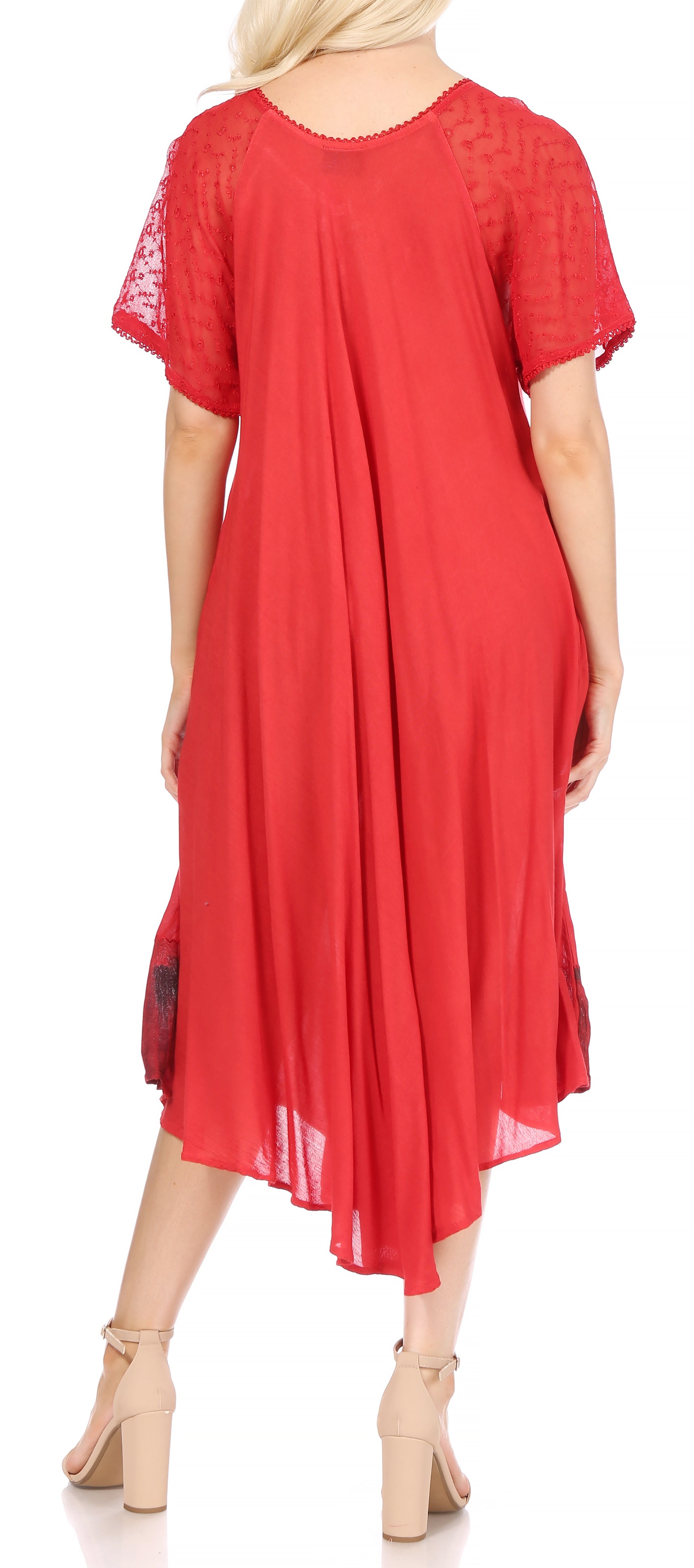 Red dress with lace details on a white background