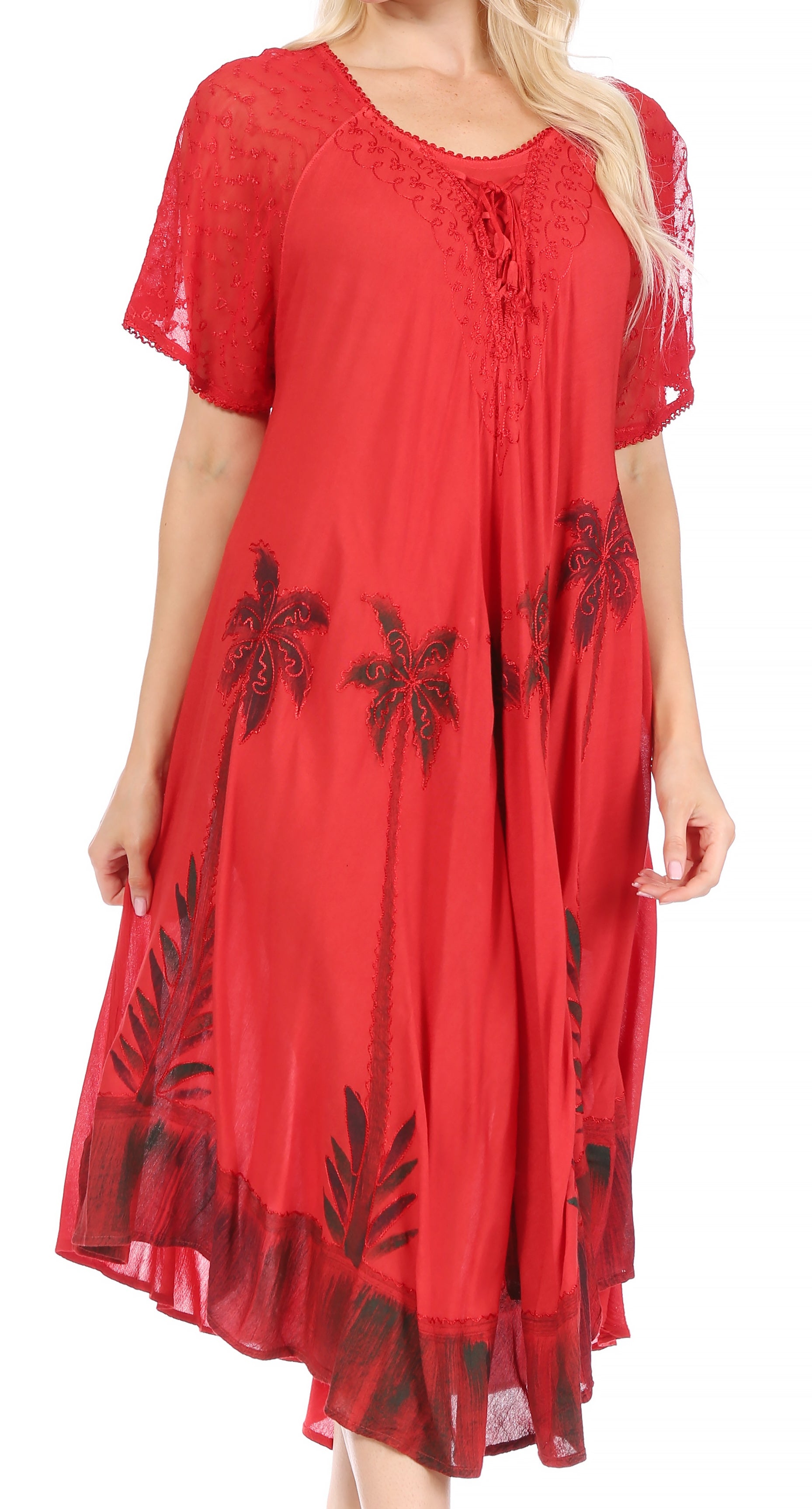 Red dress with black floral patterns on a white background