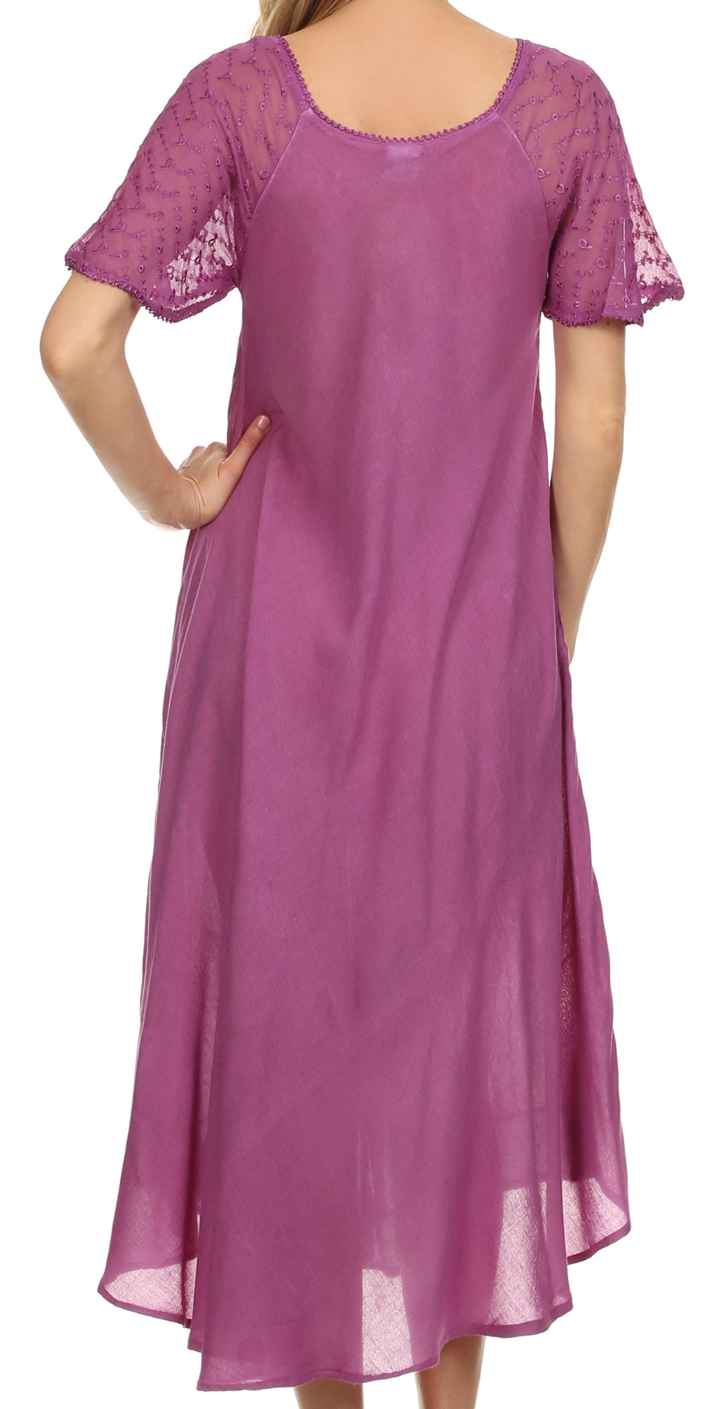 Purple dress with lace sleeves on a white background