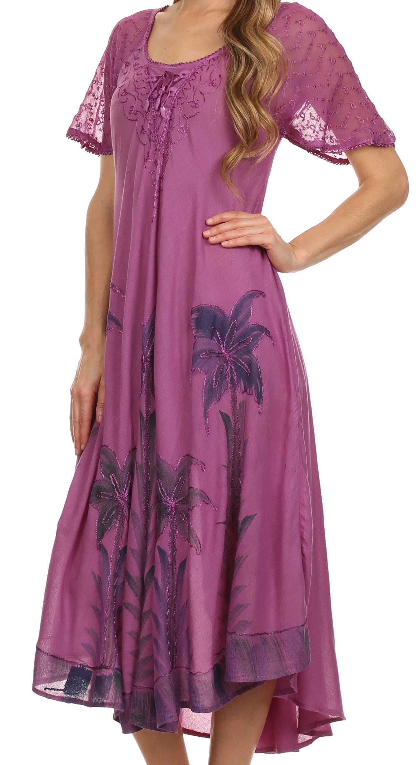 Purple dress with floral patterns on a white background