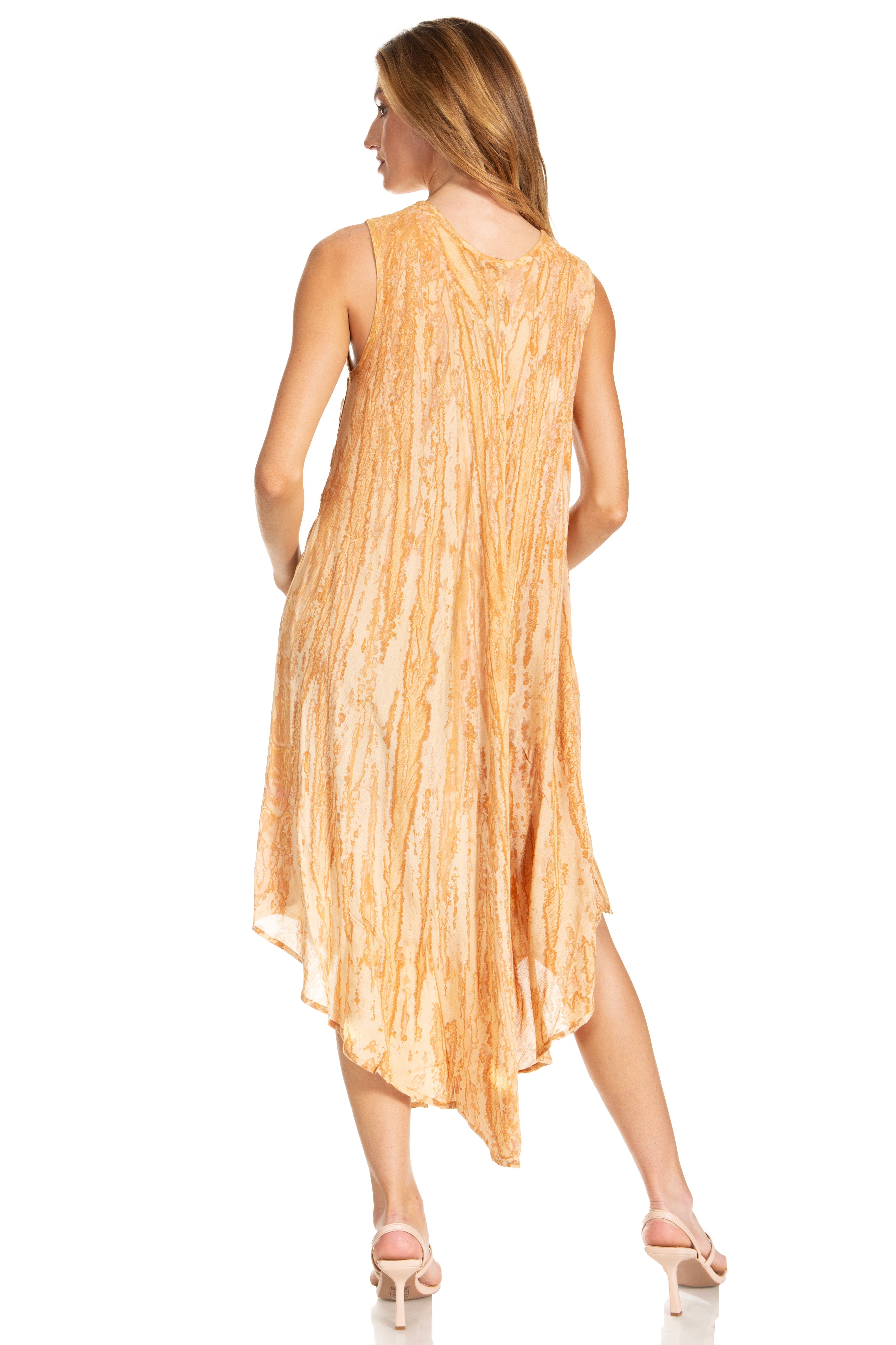 Woman wearing a sleeveless, patterned dress on a white background