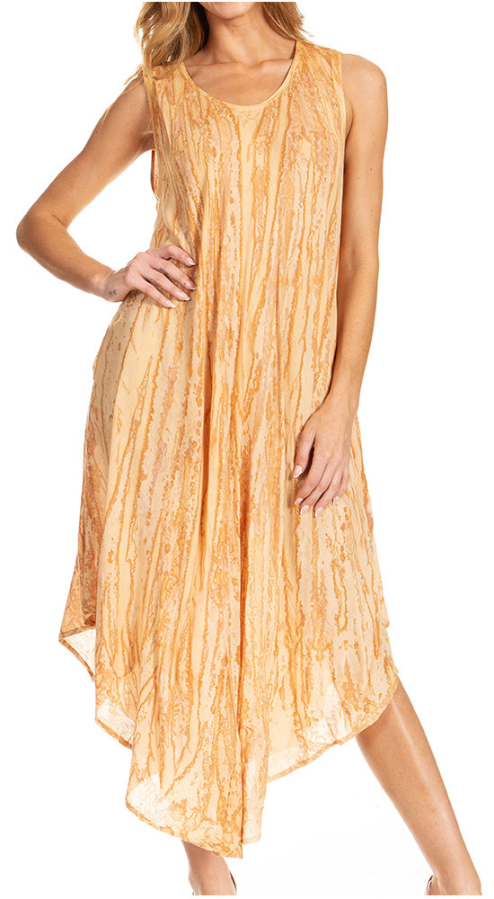 Woman wearing a long, sleeveless, orange dress on a white background