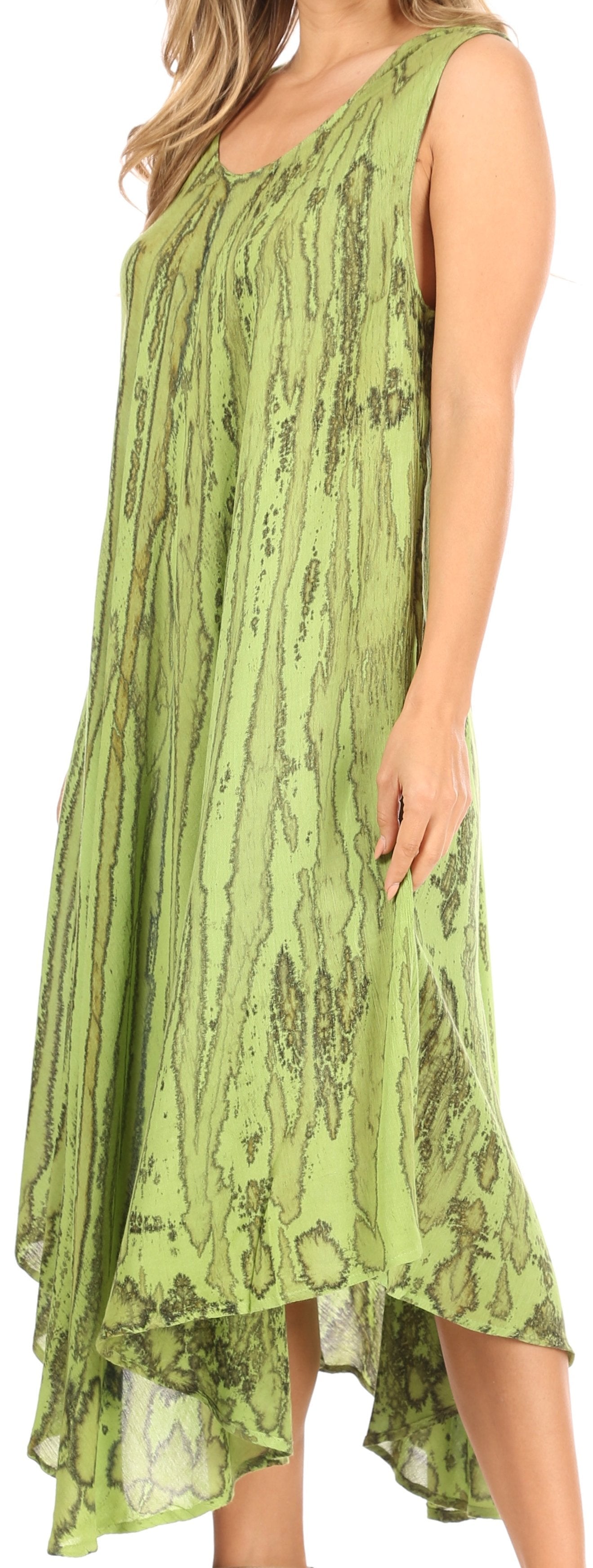 Green patterned dress worn by a model