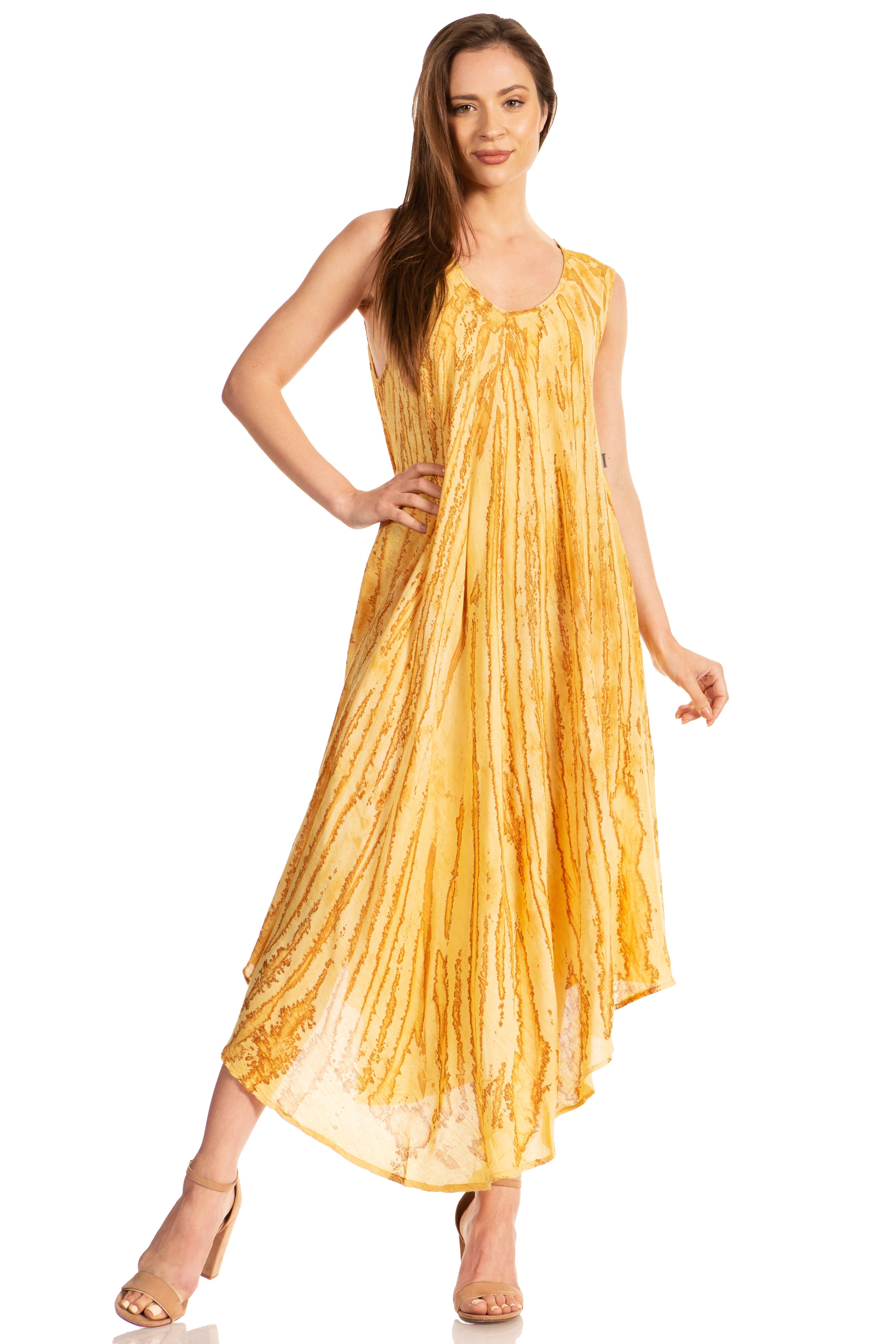 Woman wearing a yellow dress on a white background