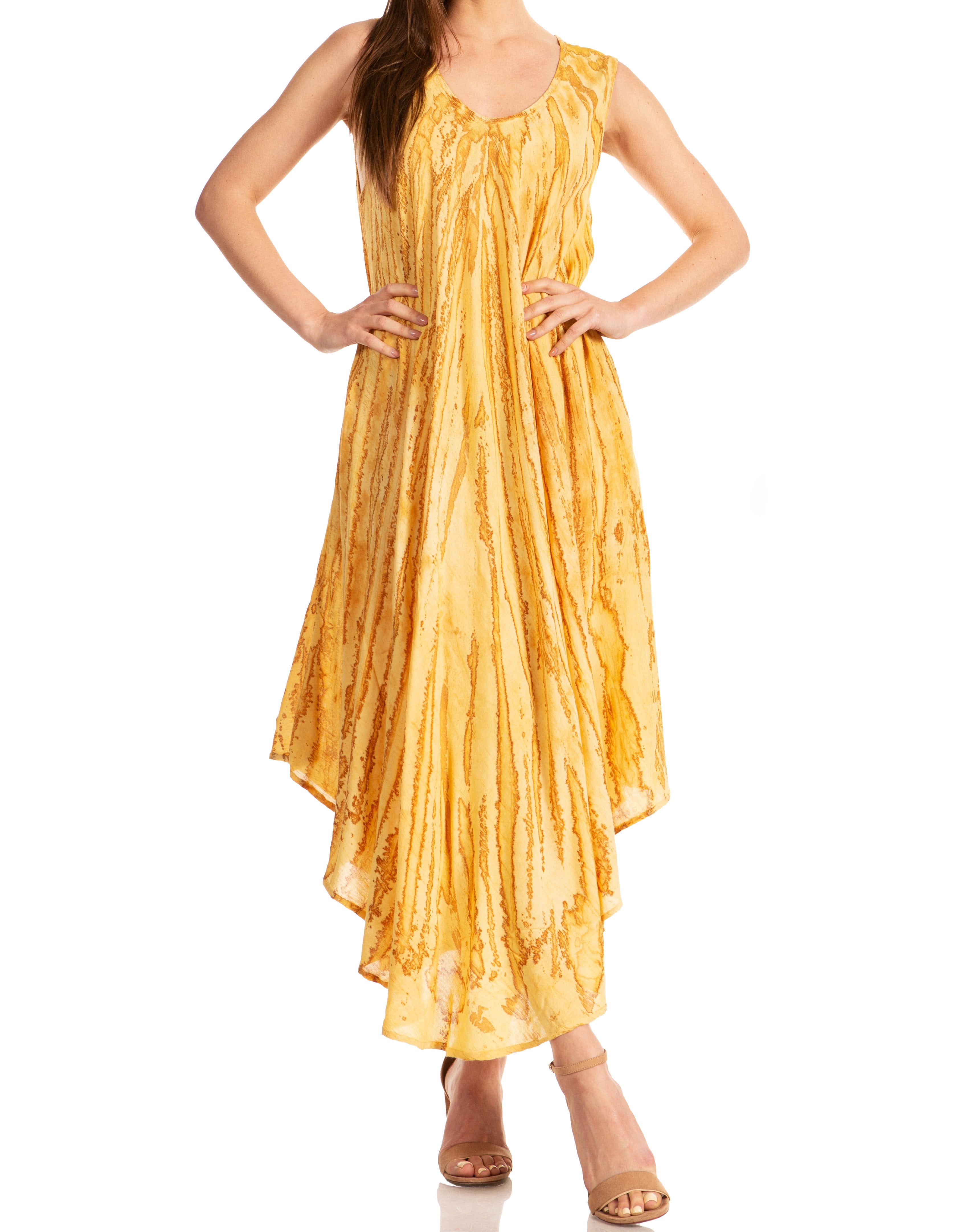 Woman wearing a yellow dress on a white background