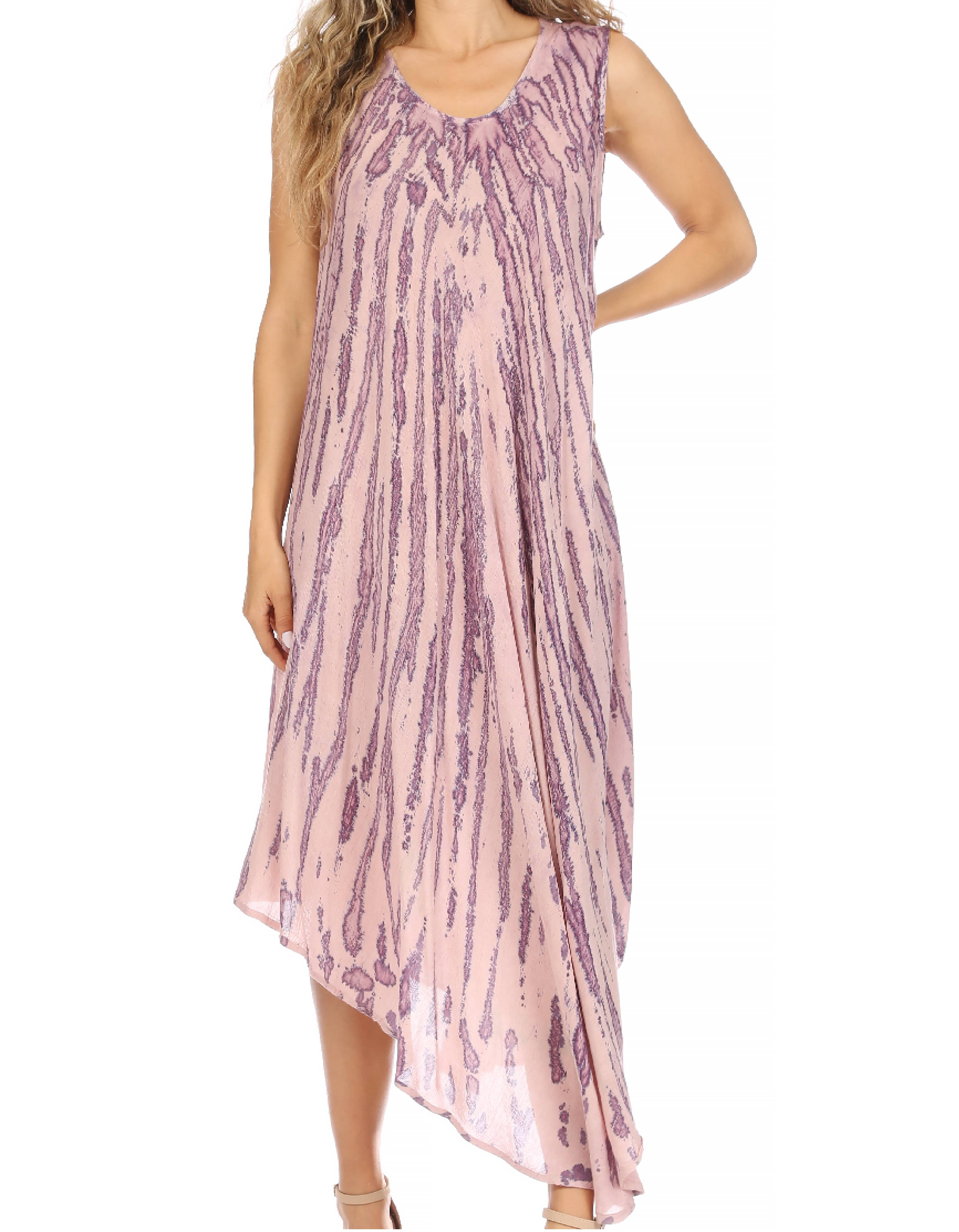 Woman wearing a sleeveless dress with a pink and purple pattern on a white background