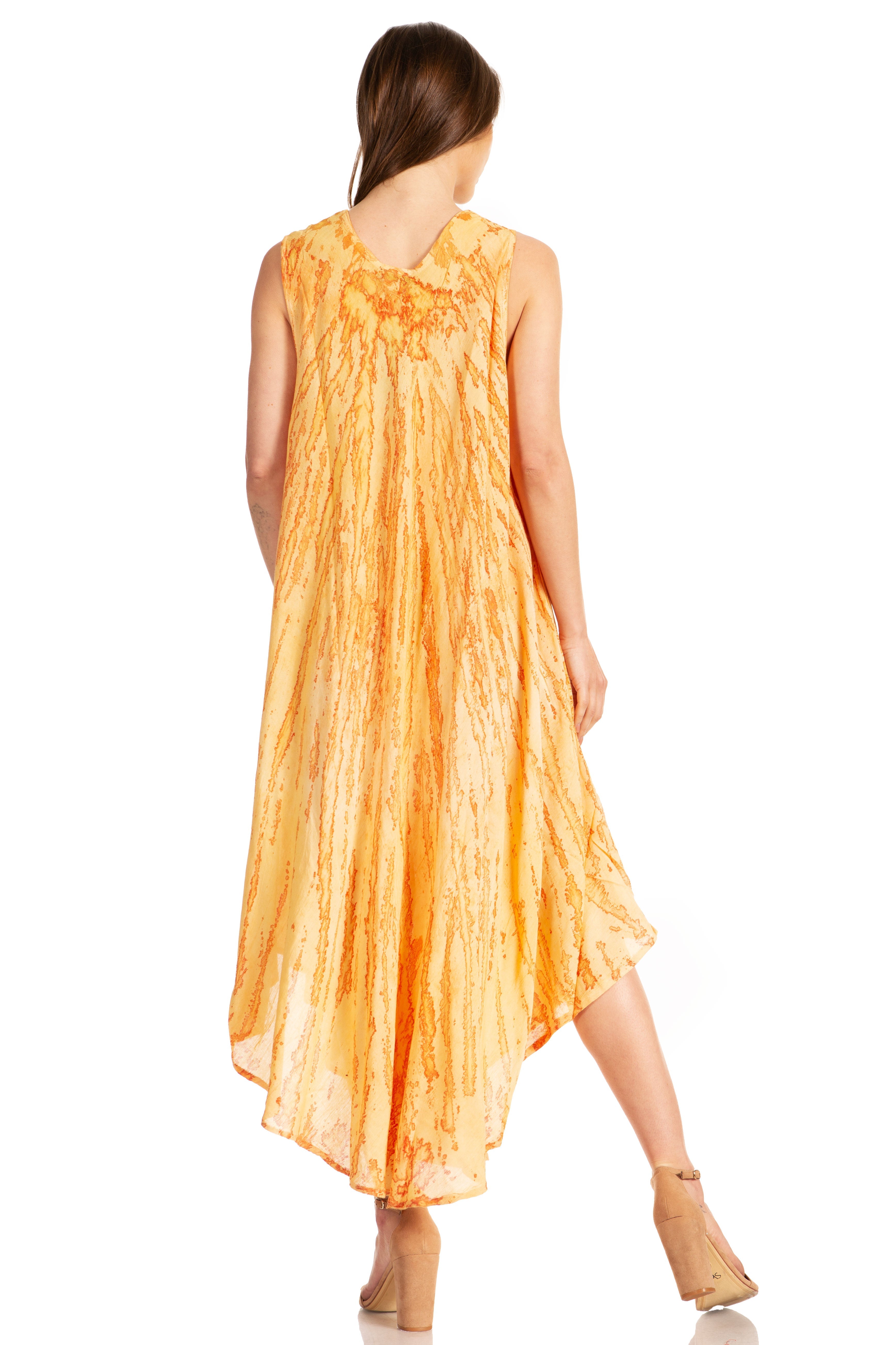 Woman wearing an orange dress on a white background