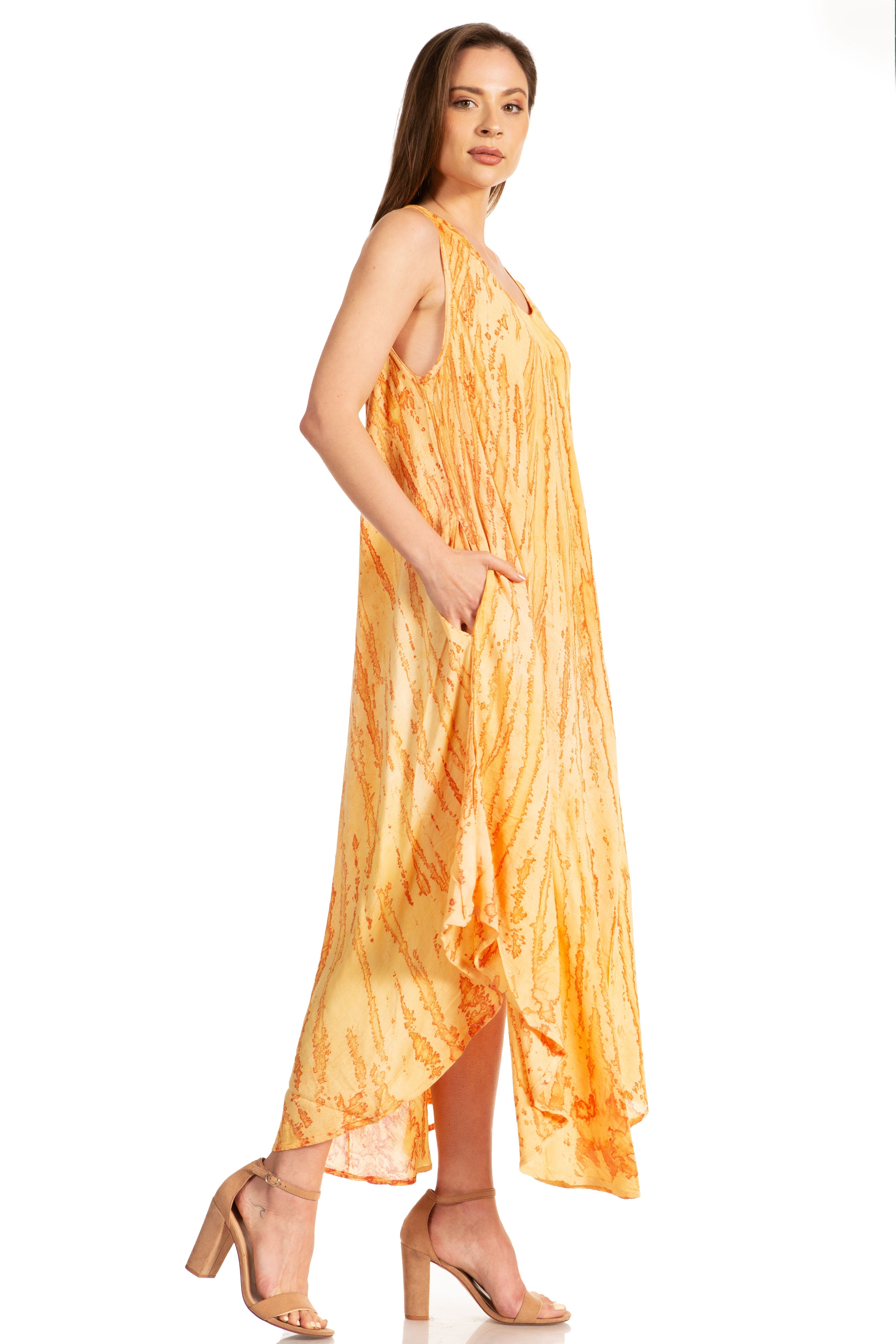 Woman wearing a yellow dress on a white background