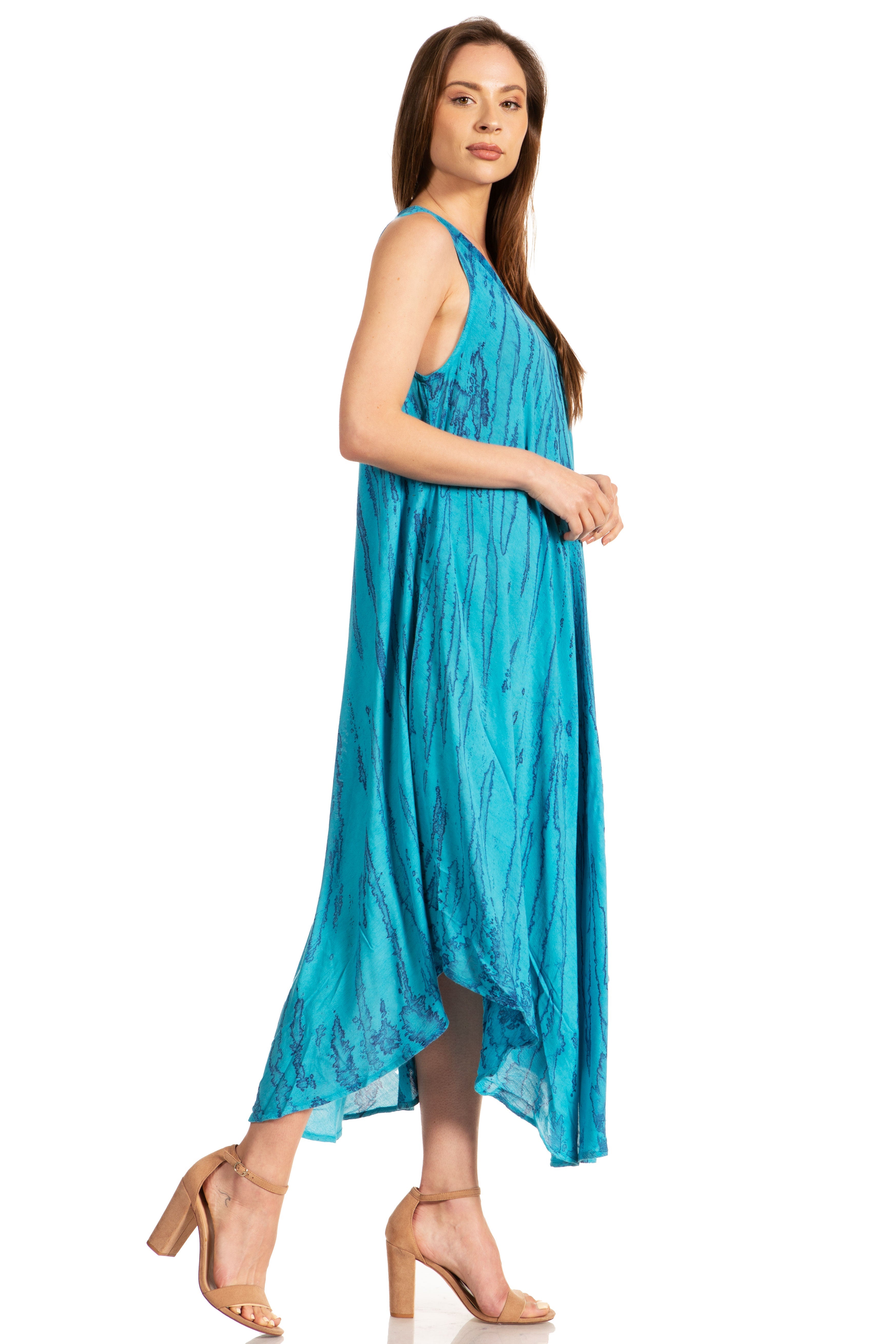 Woman wearing a blue dress on a white background