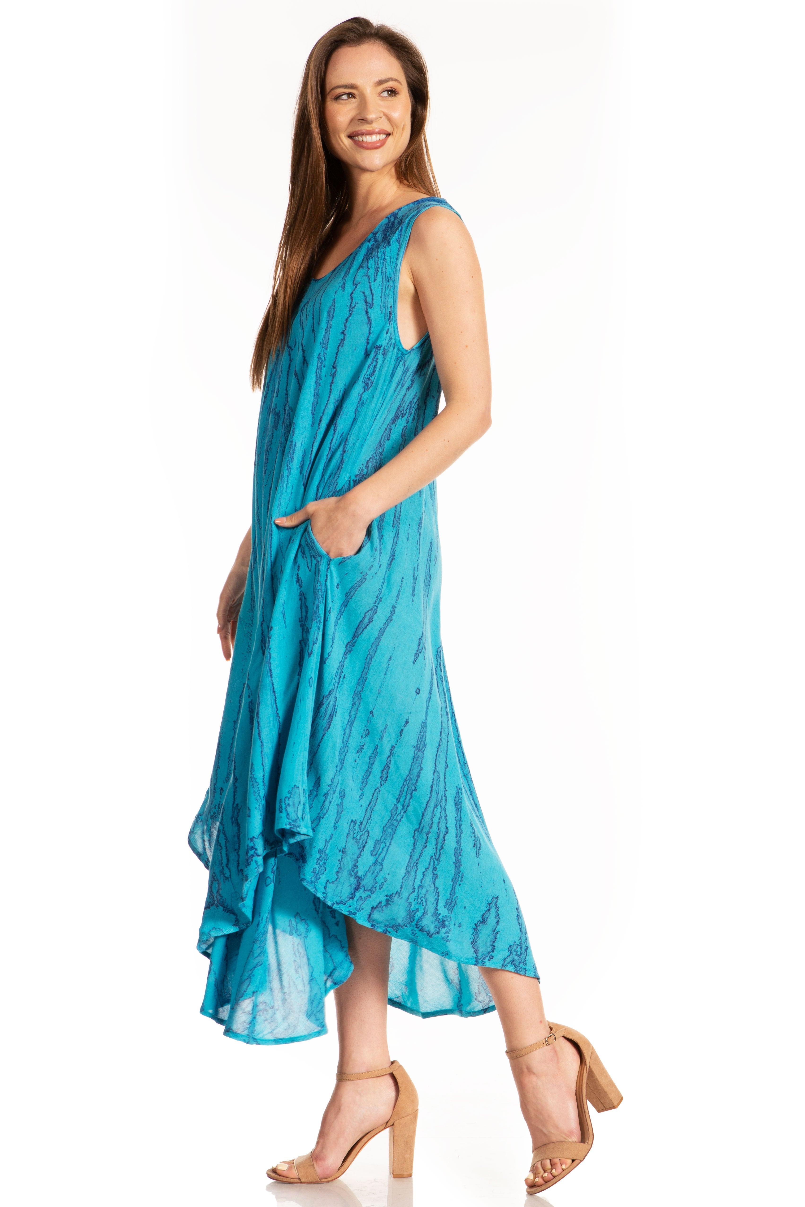 Woman wearing a blue dress on a white background