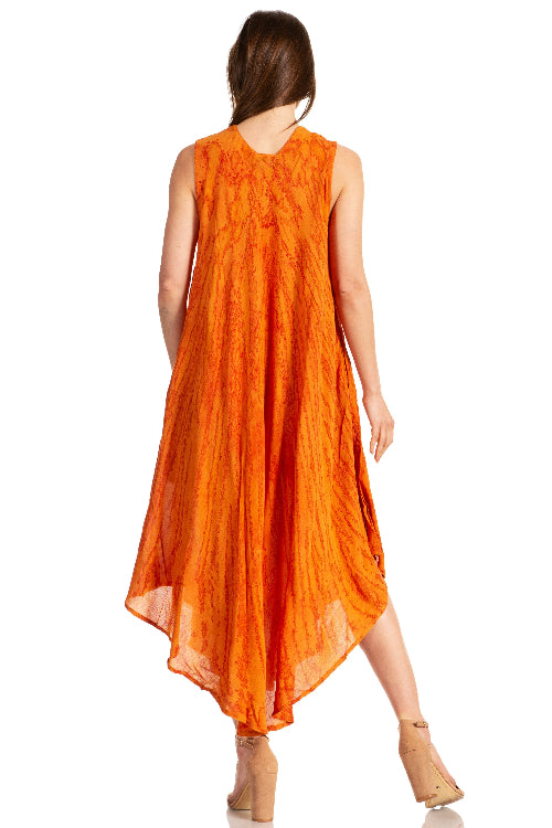 Woman wearing an orange dress on a white background