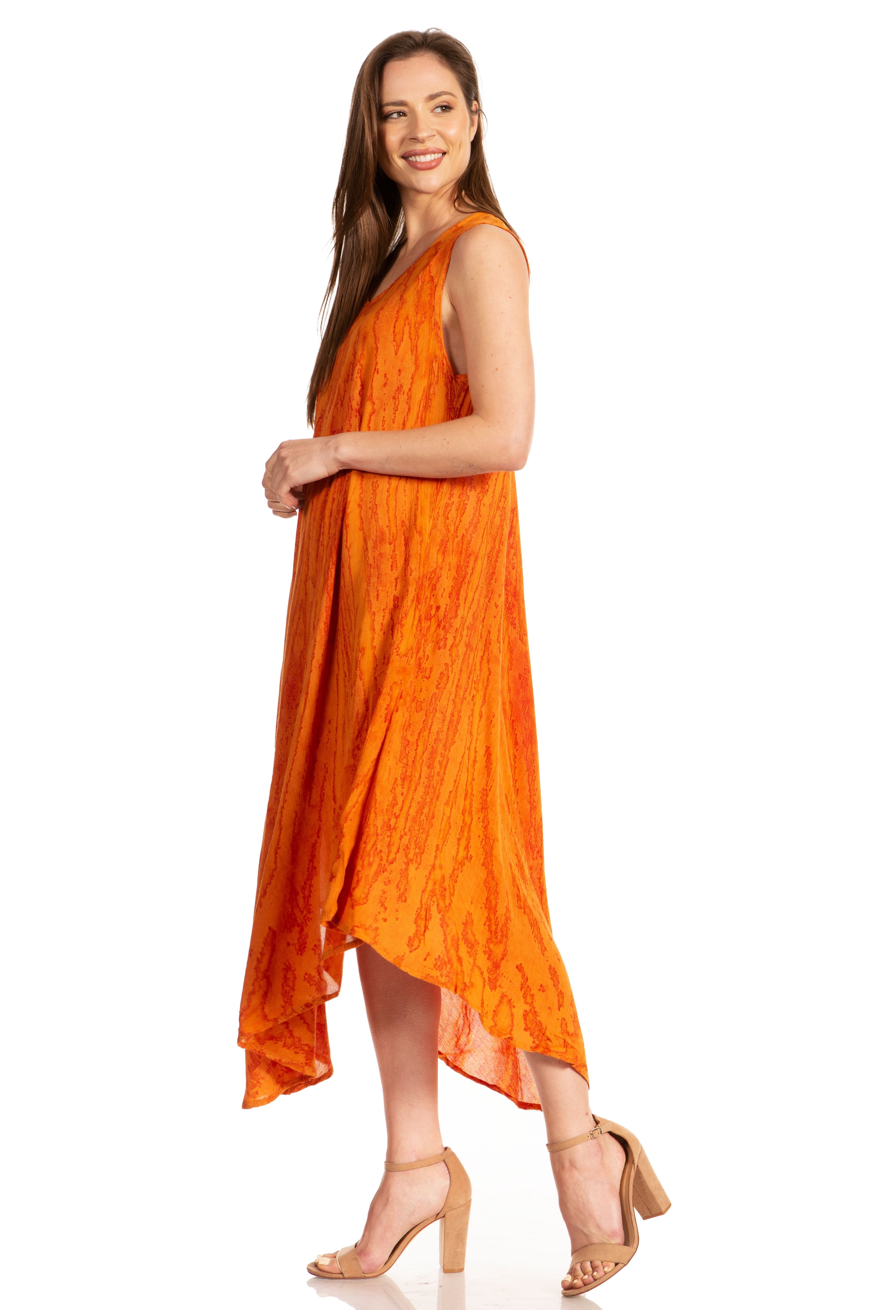 Woman wearing an orange dress on a white background