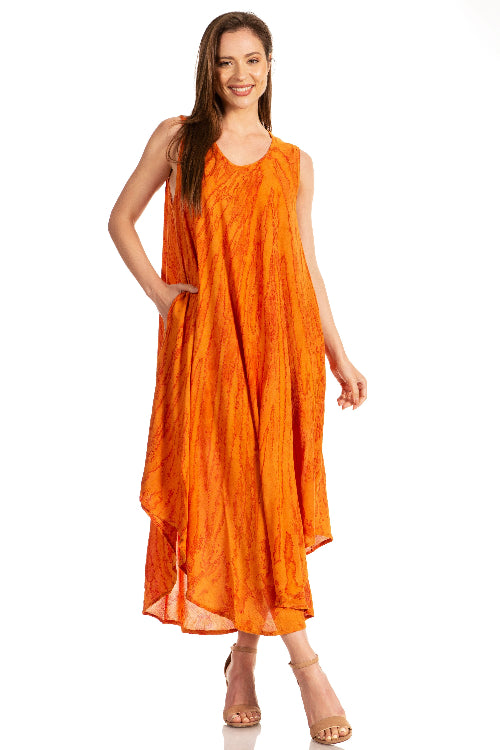 Woman wearing an orange dress on a white background