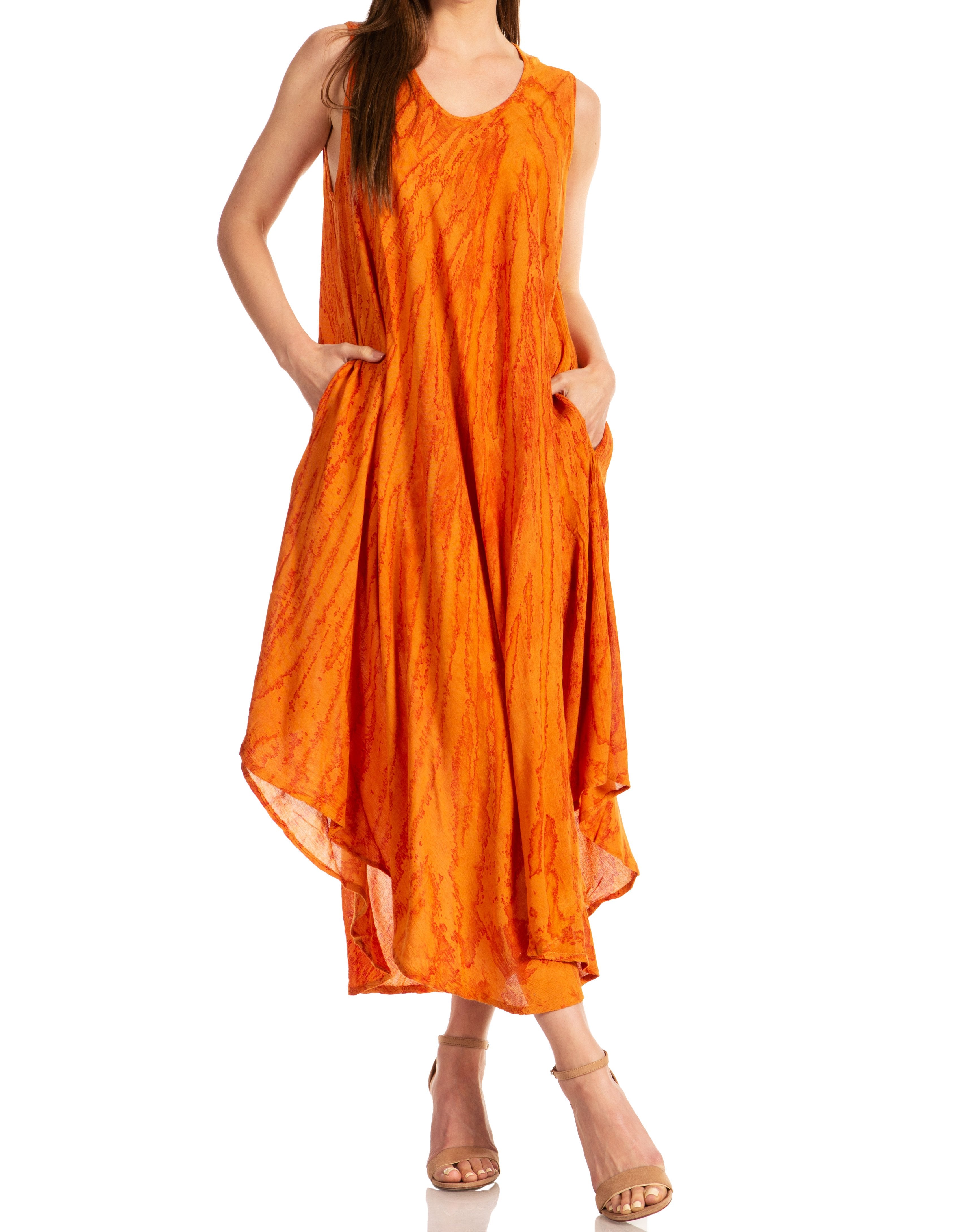 Orange sleeveless dress worn by a person on a white background