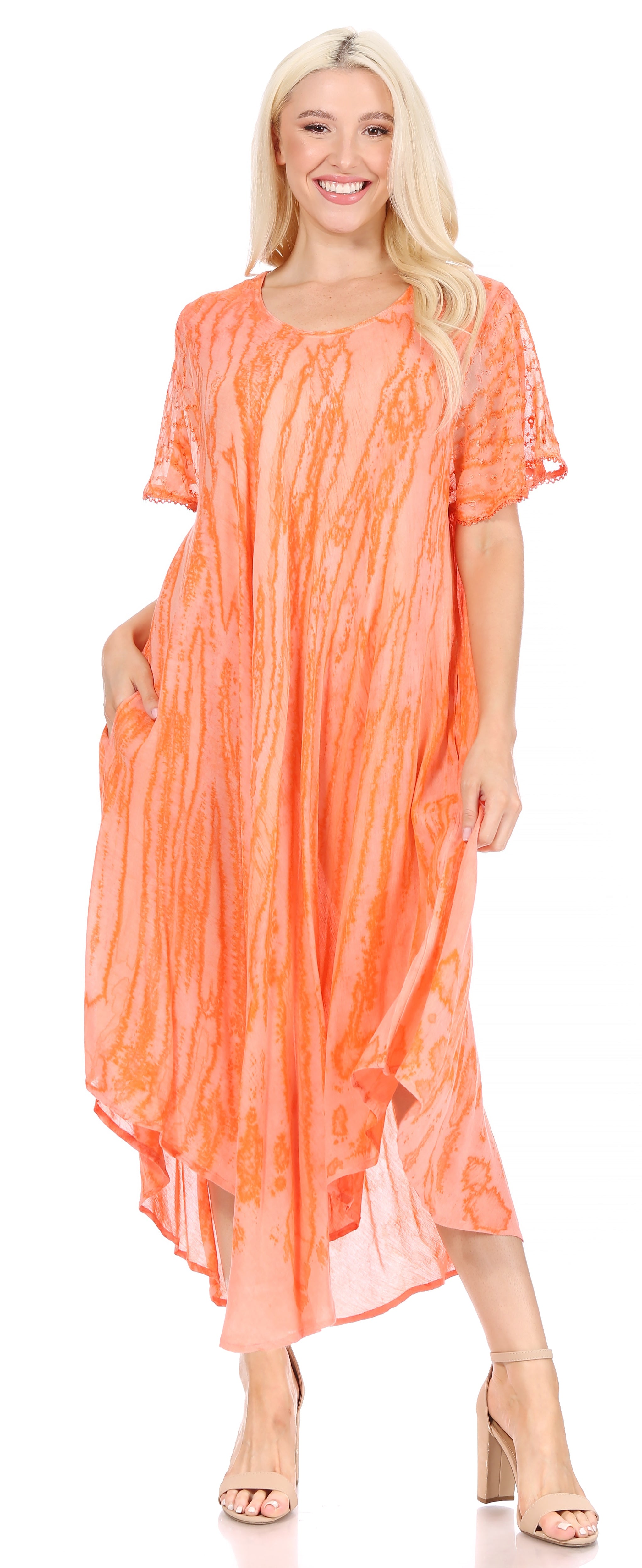Woman wearing an orange dress on a white background
