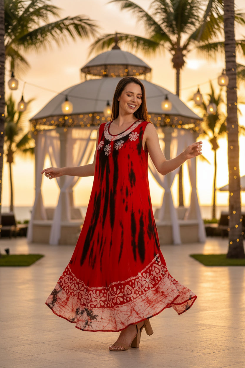 Woman wearing a red and black patterned dress on a white background