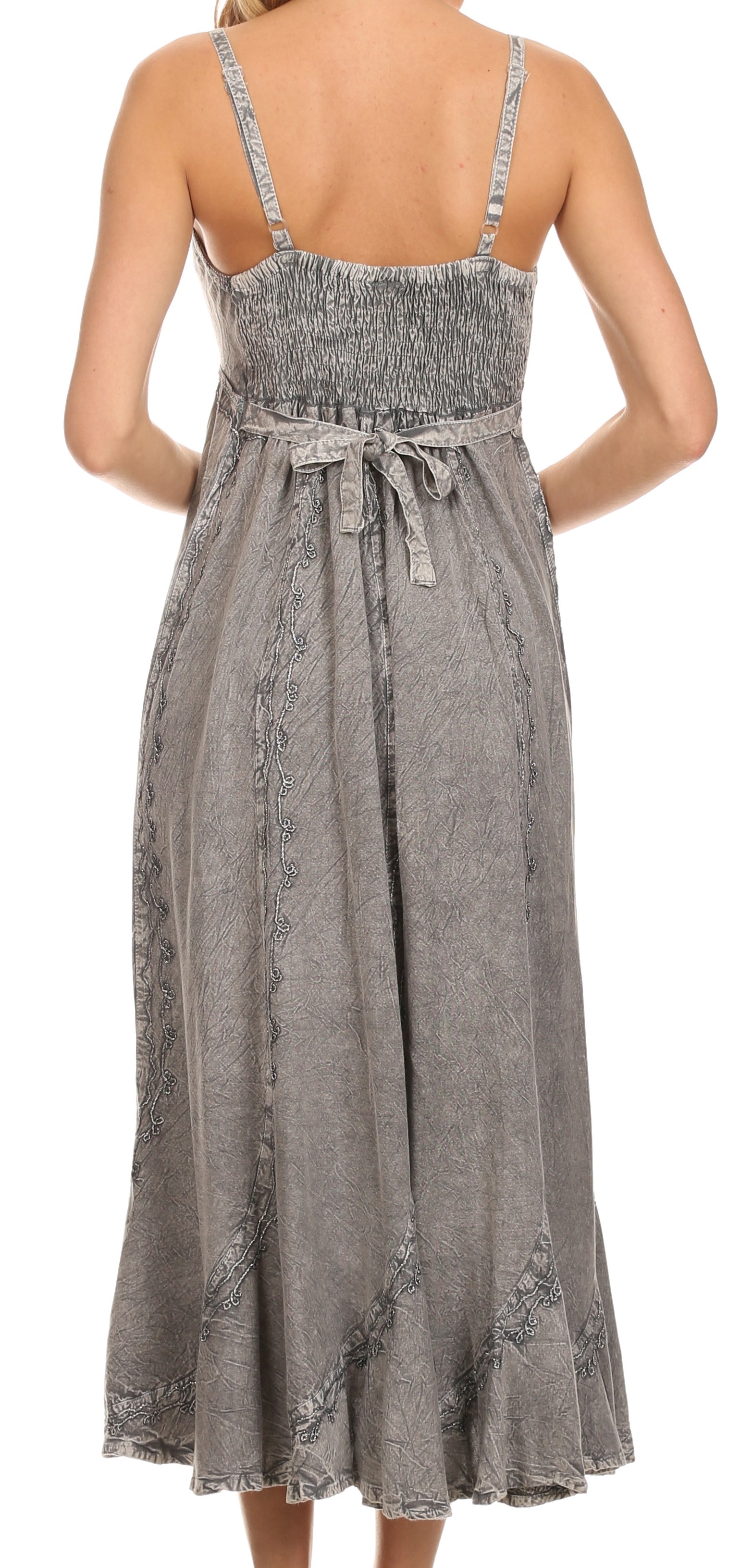 Sakkas - Allie Stonewashed Embroidered Adjustable Spaghetti Straps Long Dress
