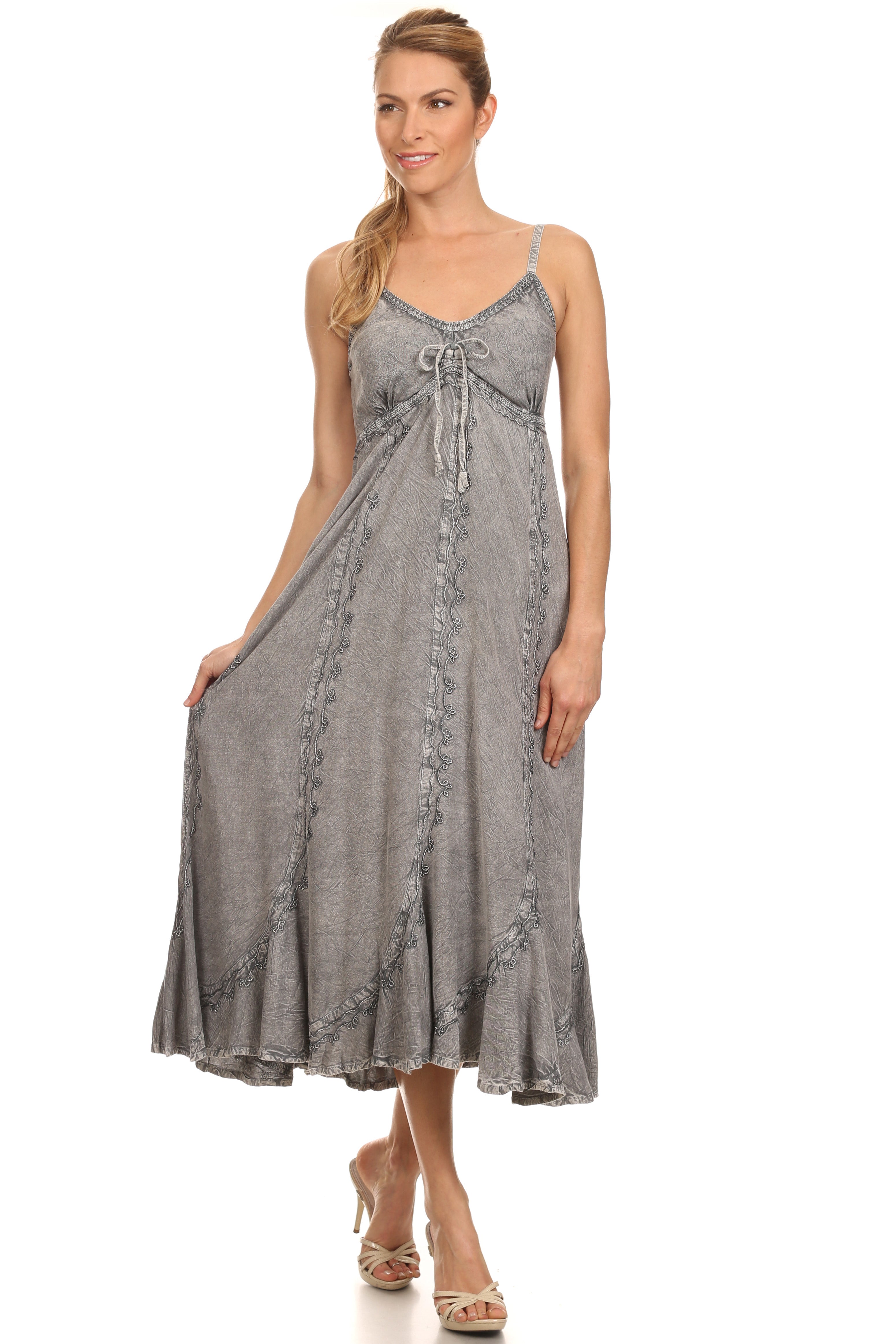 Sakkas - Allie Stonewashed Embroidered Adjustable Spaghetti Straps Long Dress