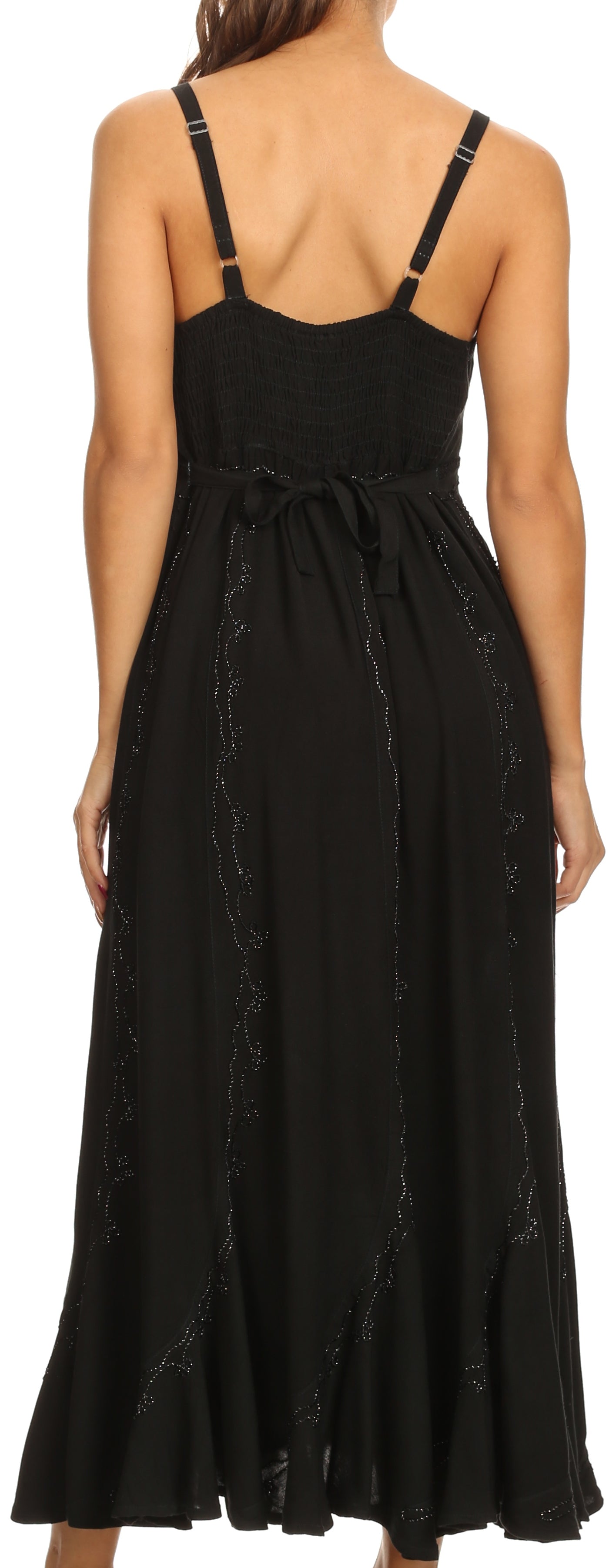 Sakkas - Allie Stonewashed Embroidered Adjustable Spaghetti Straps Long Dress