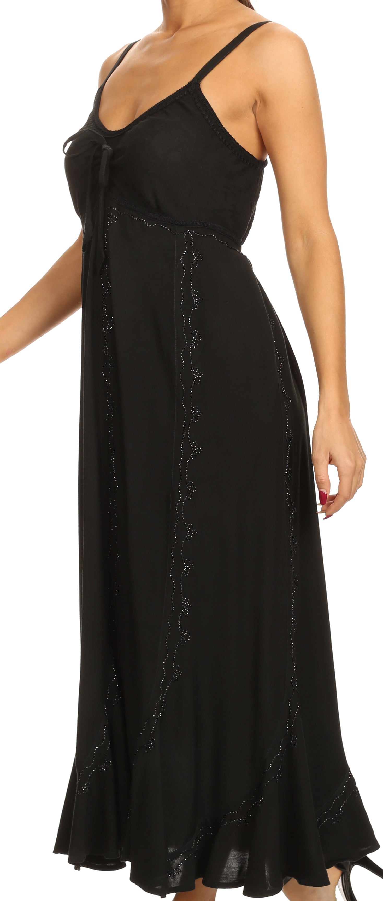 Sakkas - Allie Stonewashed Embroidered Adjustable Spaghetti Straps Long Dress