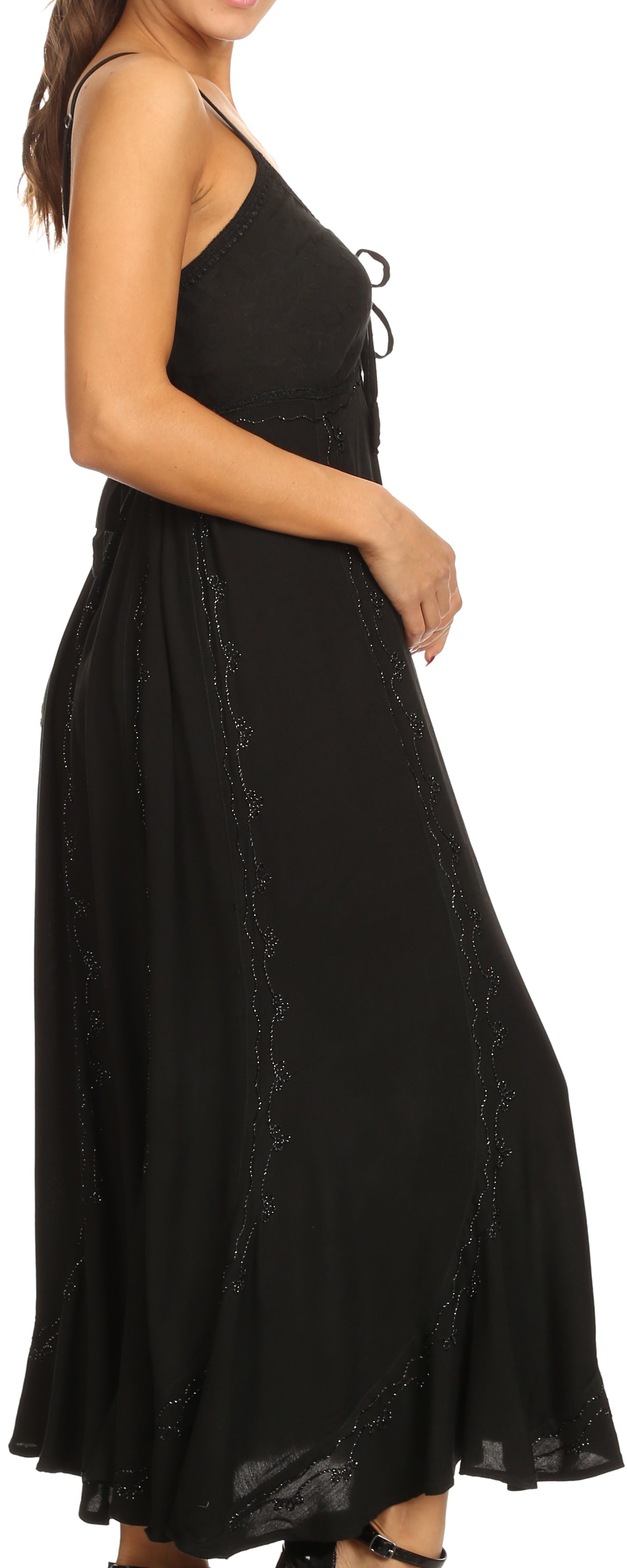 Sakkas - Allie Stonewashed Embroidered Adjustable Spaghetti Straps Long Dress