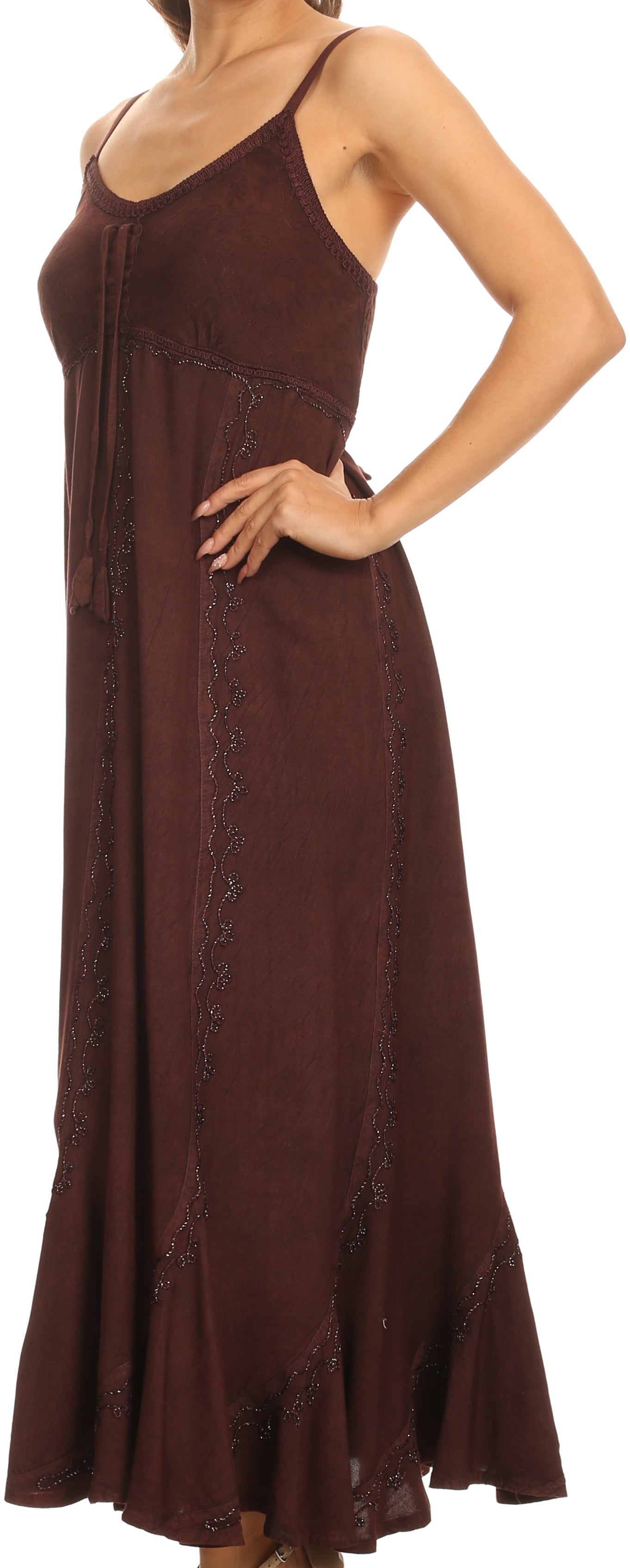 Sakkas - Allie Stonewashed Embroidered Adjustable Spaghetti Straps Long Dress