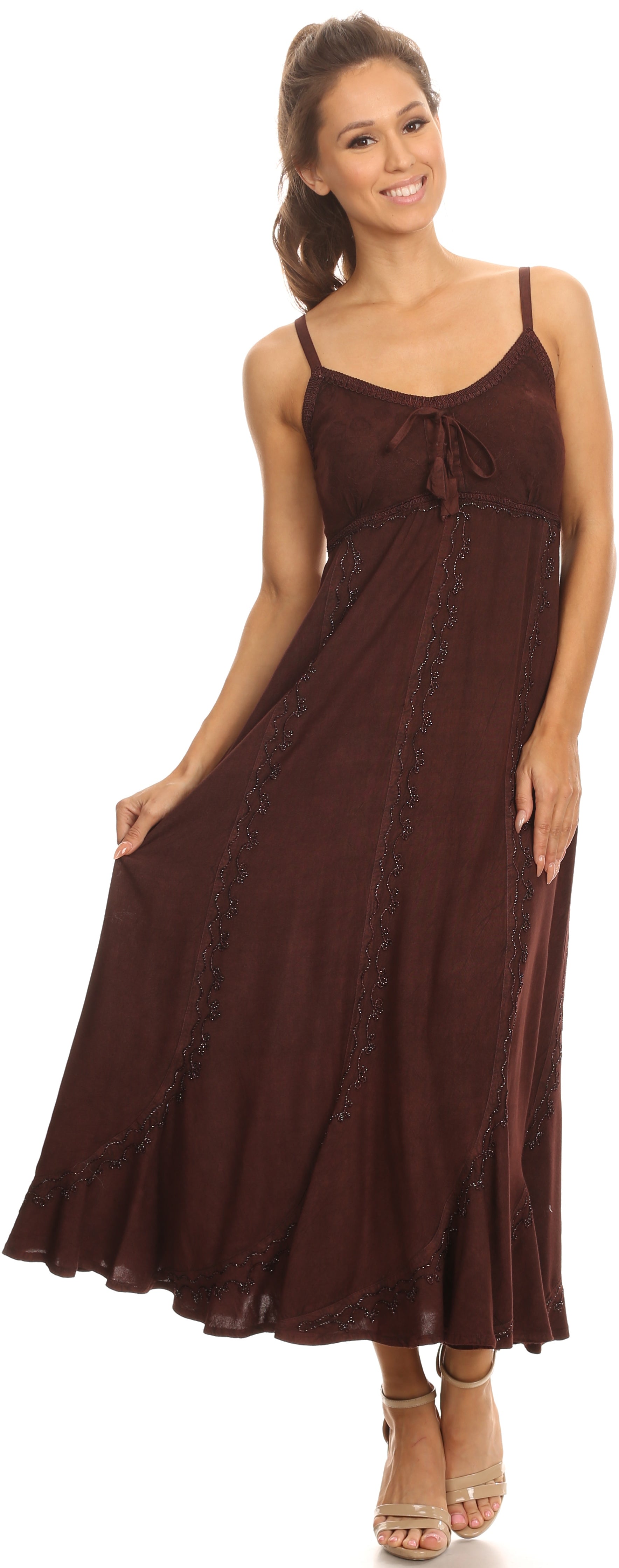 Sakkas - Allie Stonewashed Embroidered Adjustable Spaghetti Straps Long Dress