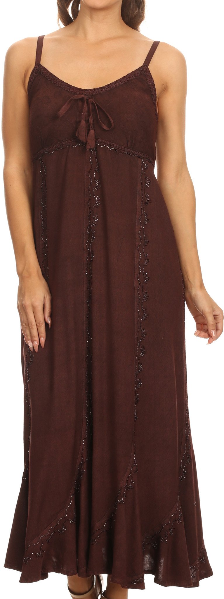 Sakkas - Allie Stonewashed Embroidered Adjustable Spaghetti Straps Long Dress