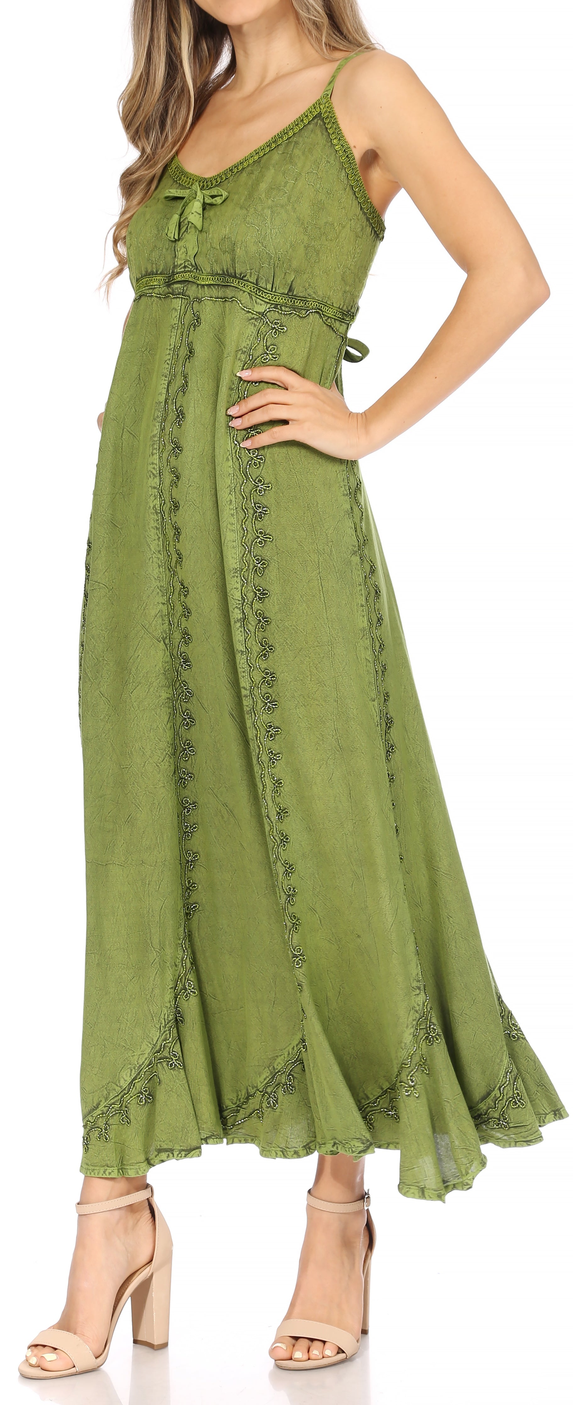 Sakkas - Allie Stonewashed Embroidered Adjustable Spaghetti Straps Long Dress