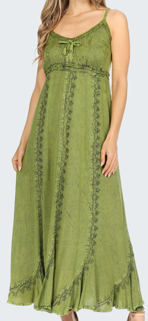 Green maxi dress with lace details on a white background