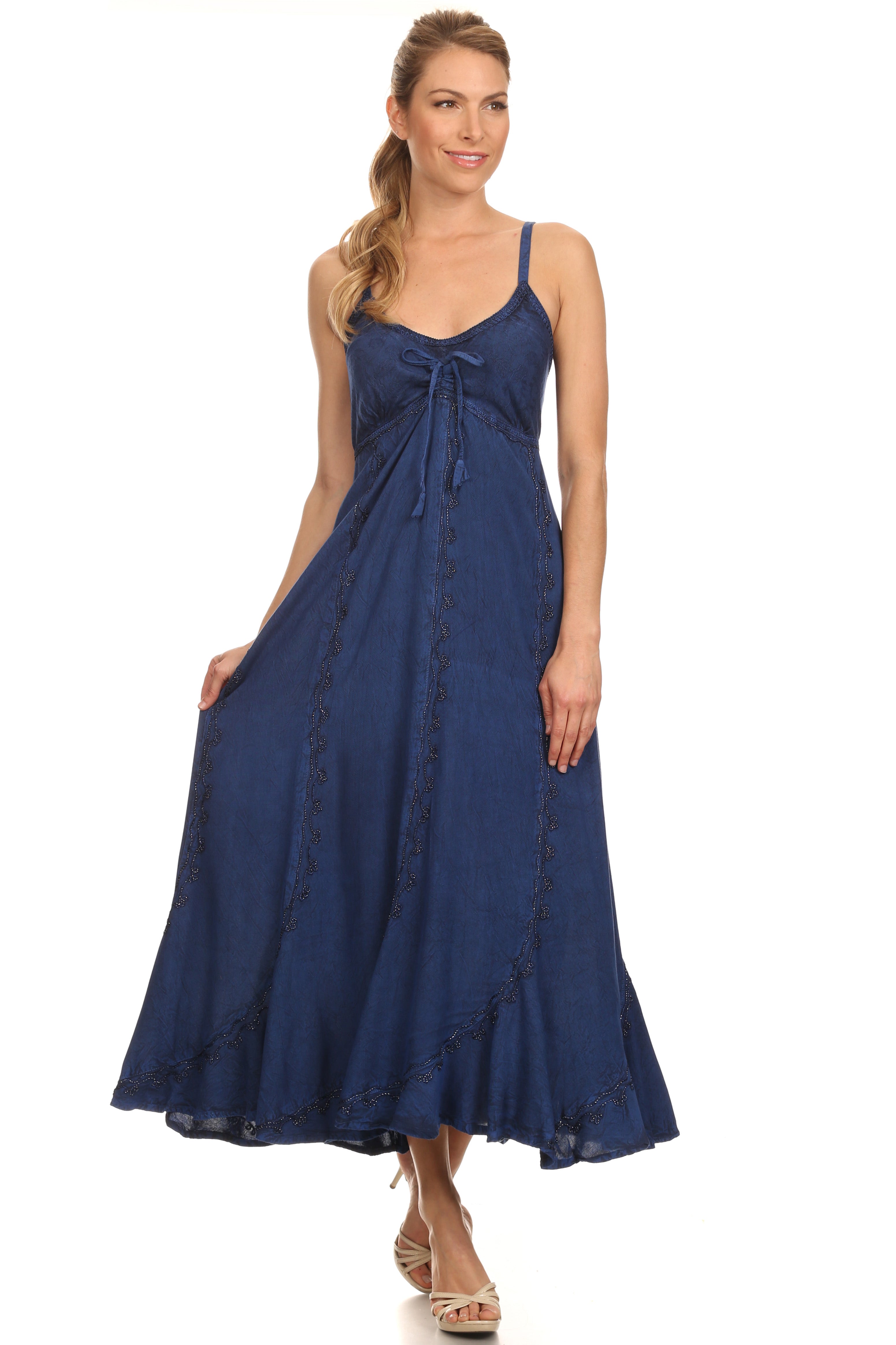 Sakkas - Allie Stonewashed Embroidered Adjustable Spaghetti Straps Long Dress