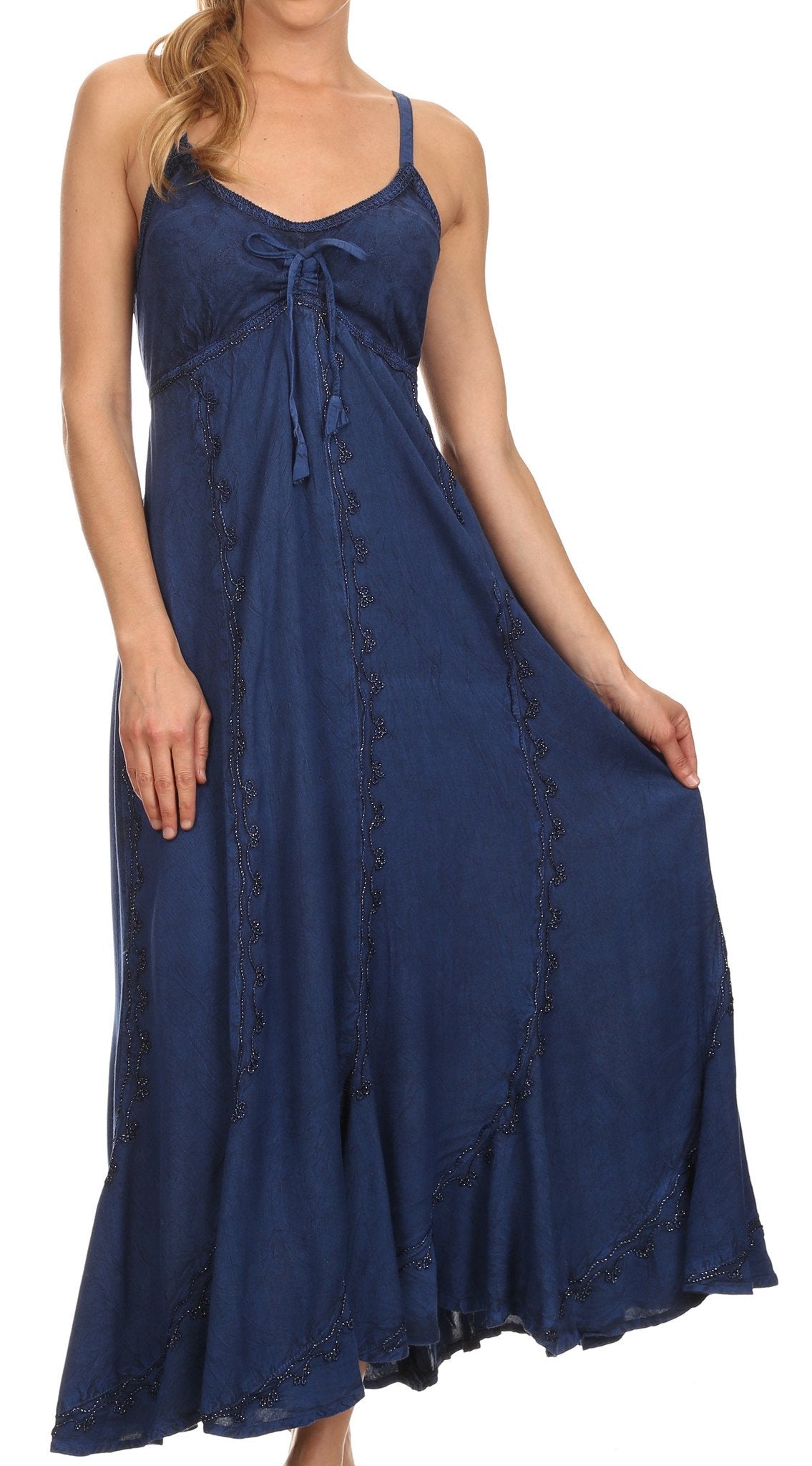 Sakkas - Allie Stonewashed Embroidered Adjustable Spaghetti Straps Long Dress