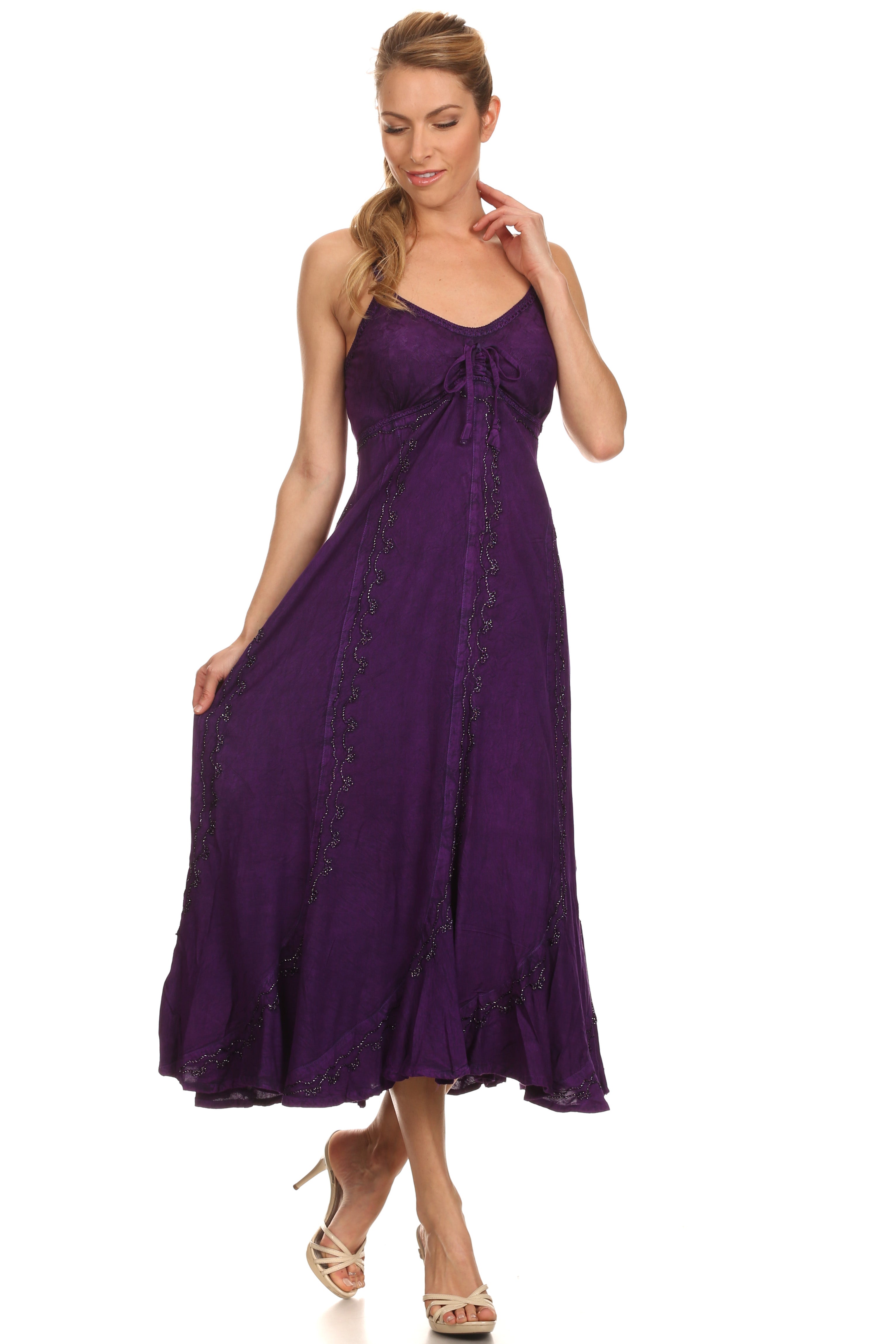 Sakkas - Allie Stonewashed Embroidered Adjustable Spaghetti Straps Long Dress