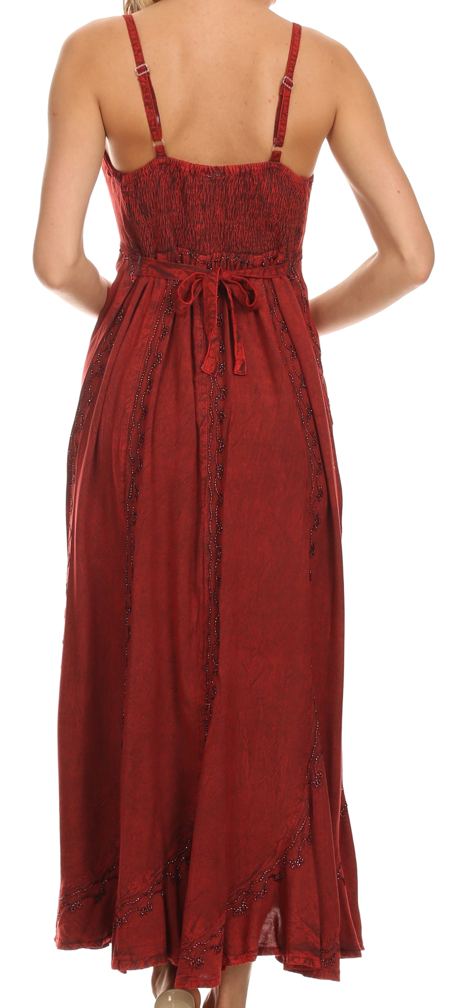 Sakkas - Allie Stonewashed Embroidered Adjustable Spaghetti Straps Long Dress