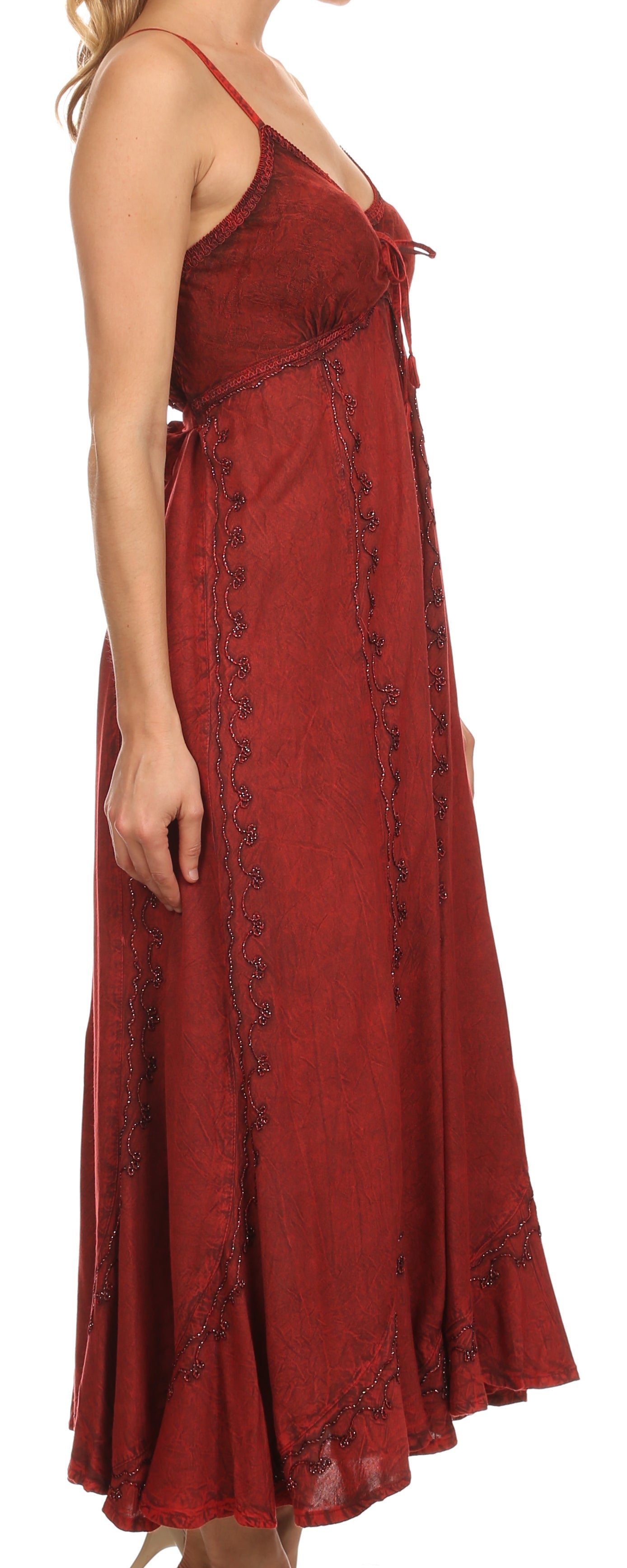 Sakkas - Allie Stonewashed Embroidered Adjustable Spaghetti Straps Long Dress